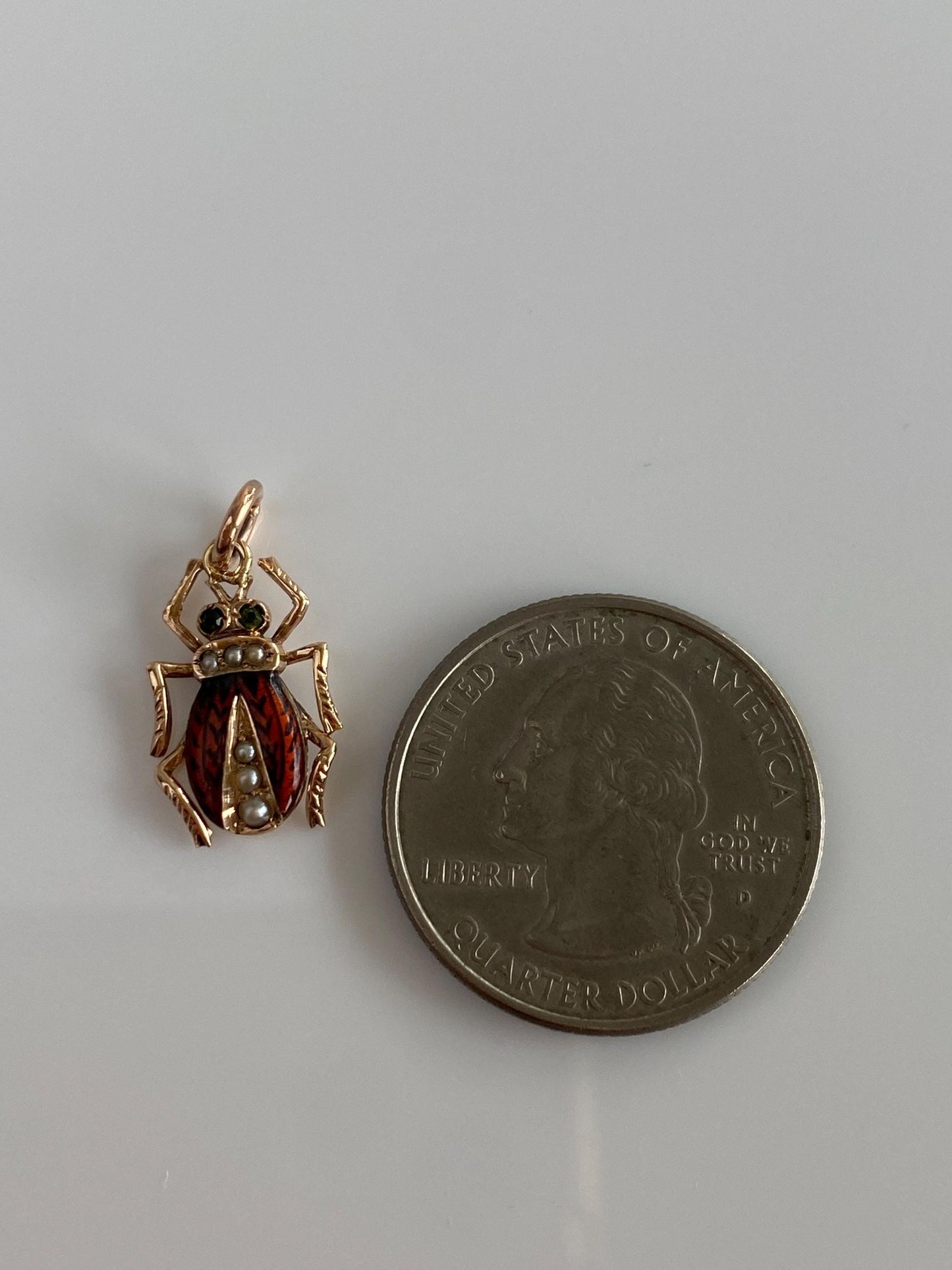 Vintage Solid 10k Rosey Gold Enamel Seed Pearls Beetle Charm