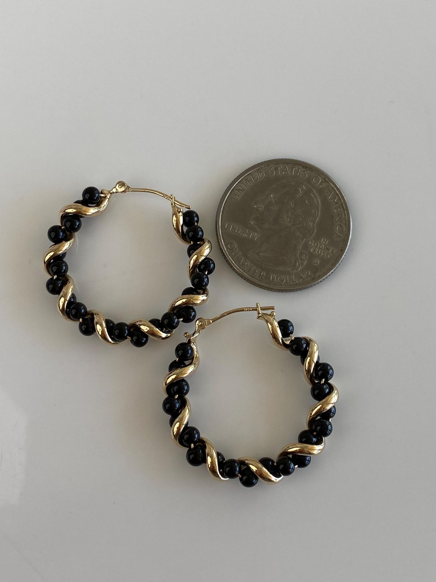 Vintage 14k Yellow Gold Black Onyx Bead Twisted Hoop Earrings