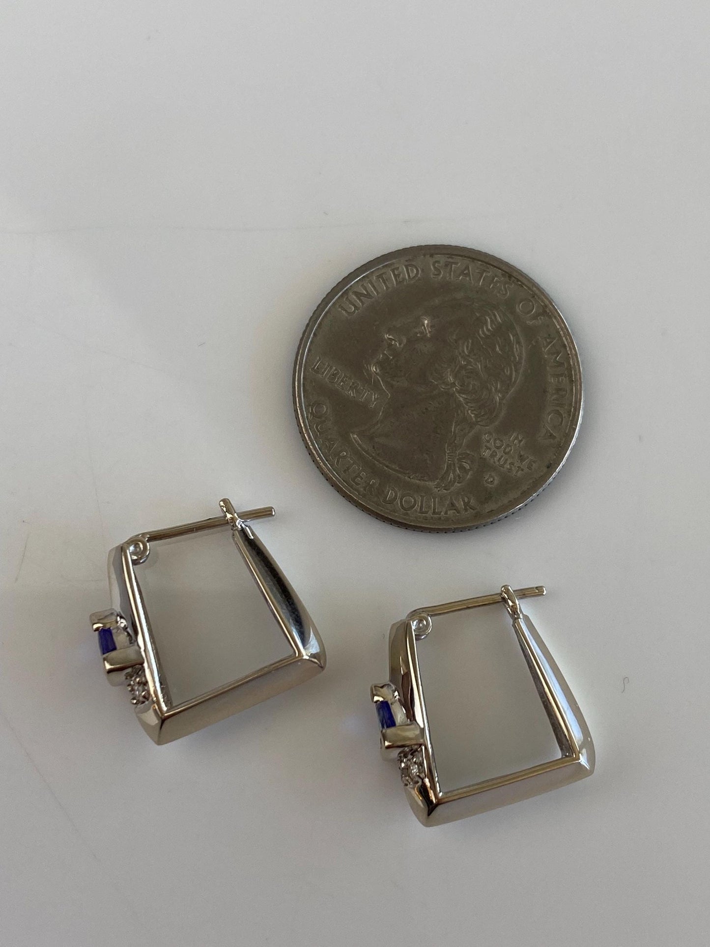 Vintage Solid 14k White Gold Diamond Tanzanite Square Hoop Earrings