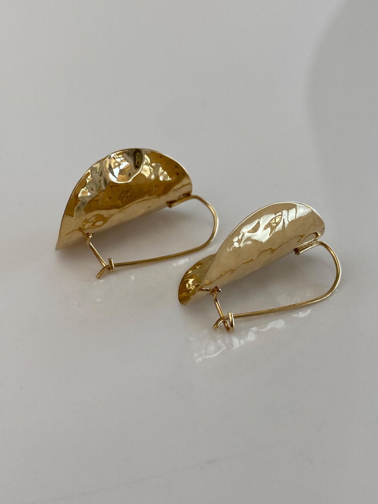 Solid 14k Yellow Gold Hammered Texture Folded Disc Drop Earrings