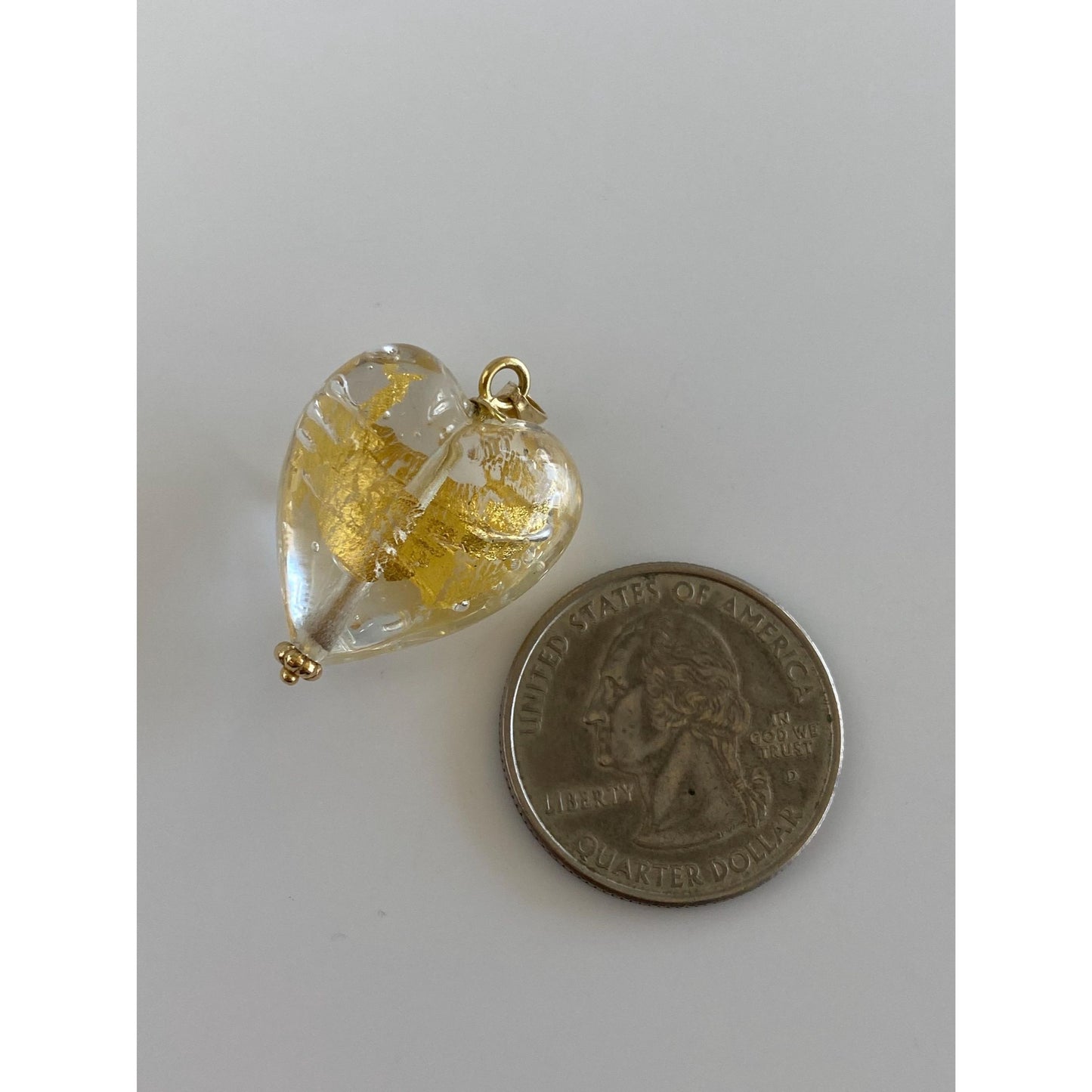 Solid 14k Yellow Gold Gold Leaf Glass Heart Charm