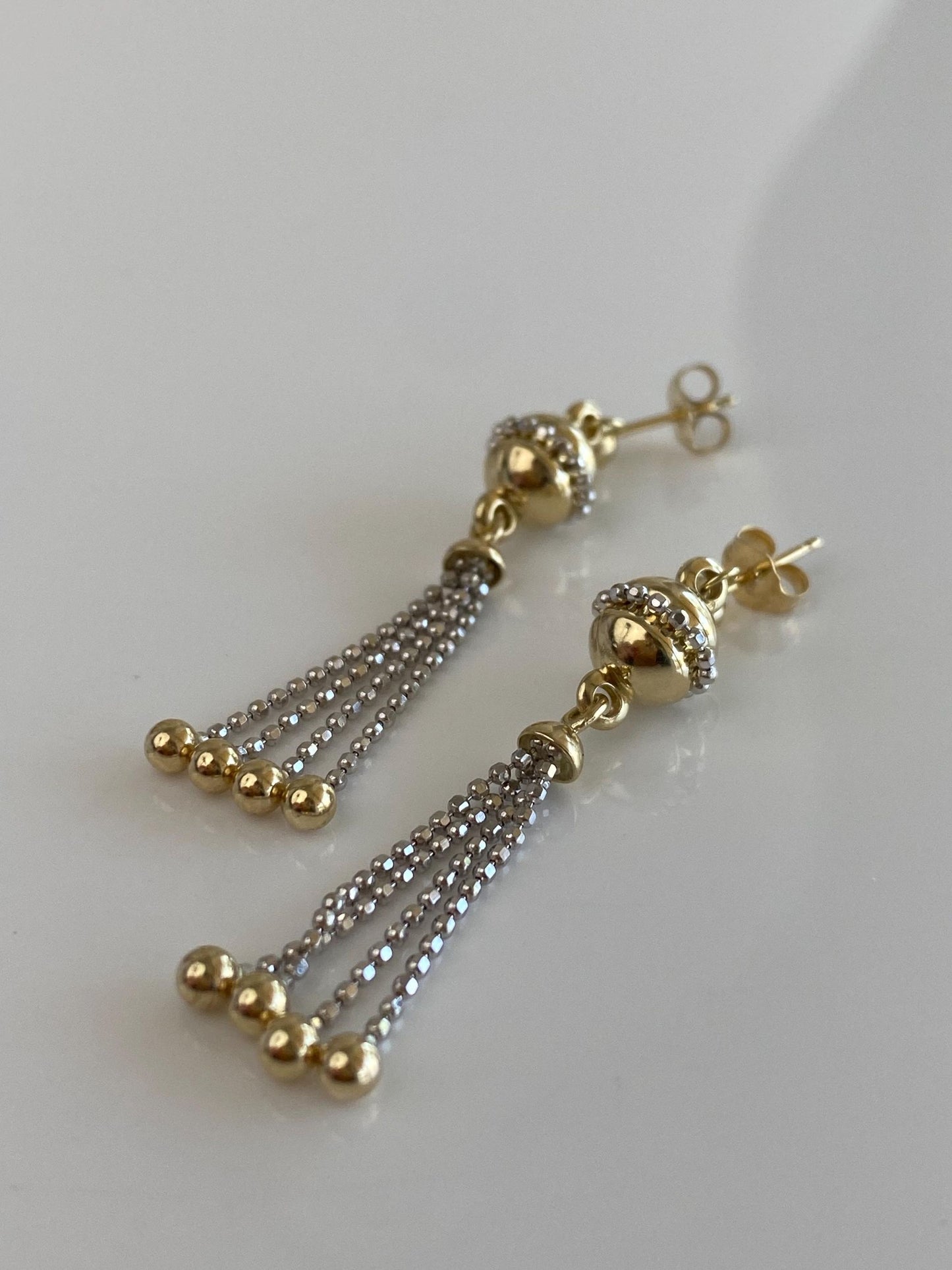 Vintage 14k White & Yellow Gold Ball Bead Chain Fringe Dangle Stud Earrings