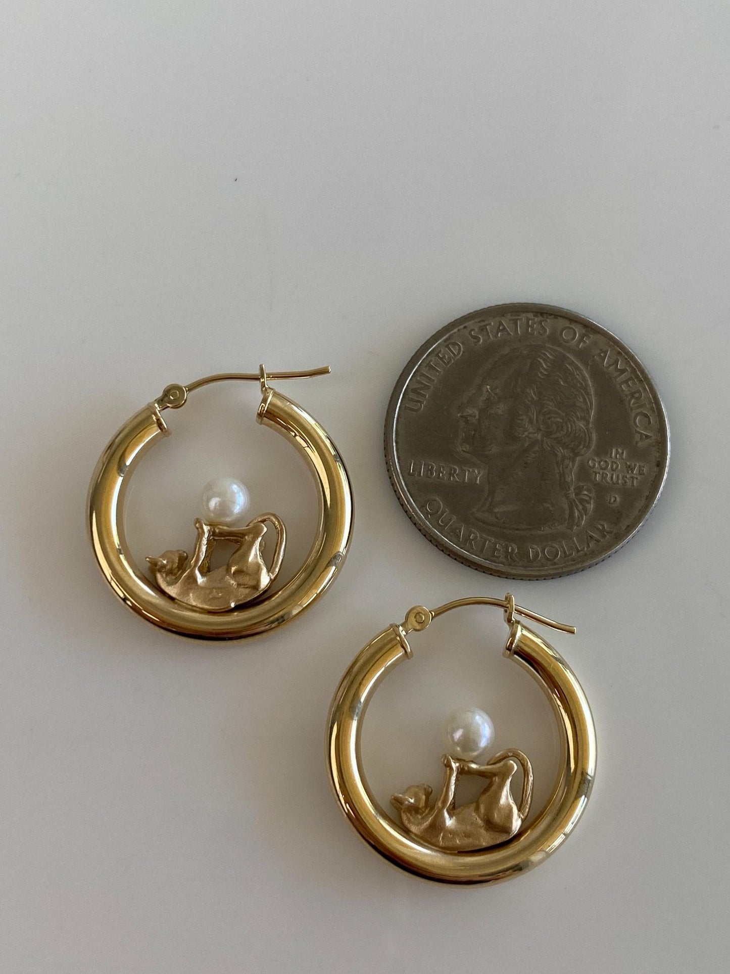 Vintage 14k Yellow Gold Pearl Kitten Playing Hoop Earrings