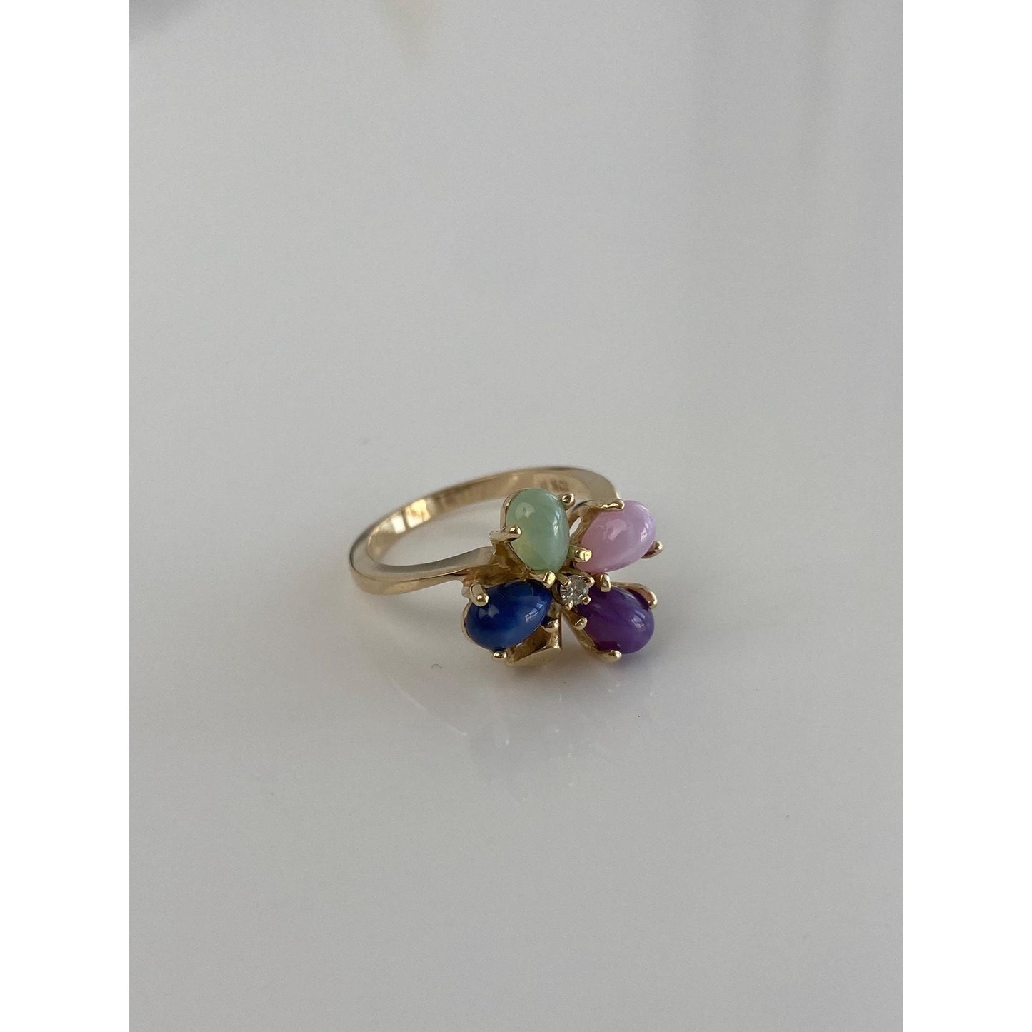 Vintage Solid 10k Yellow Gold Diamond Blue, Green & Pink Star Sapphire Clover Ring - Size 5.75