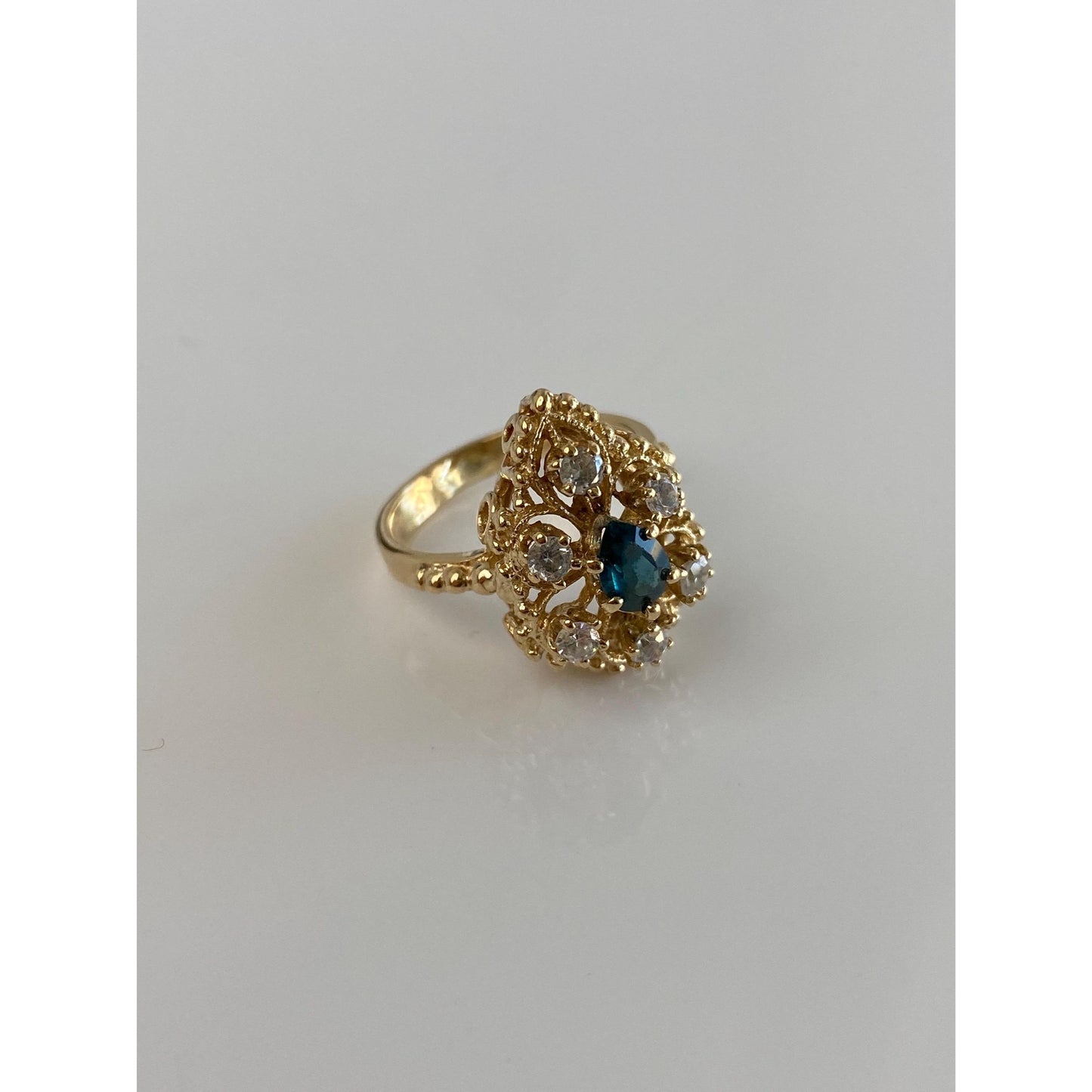 Vintage Solid 14k Yellow Gold Blue Spinel Clear Quartz Halo Teardrop Ring - Size 5.25
