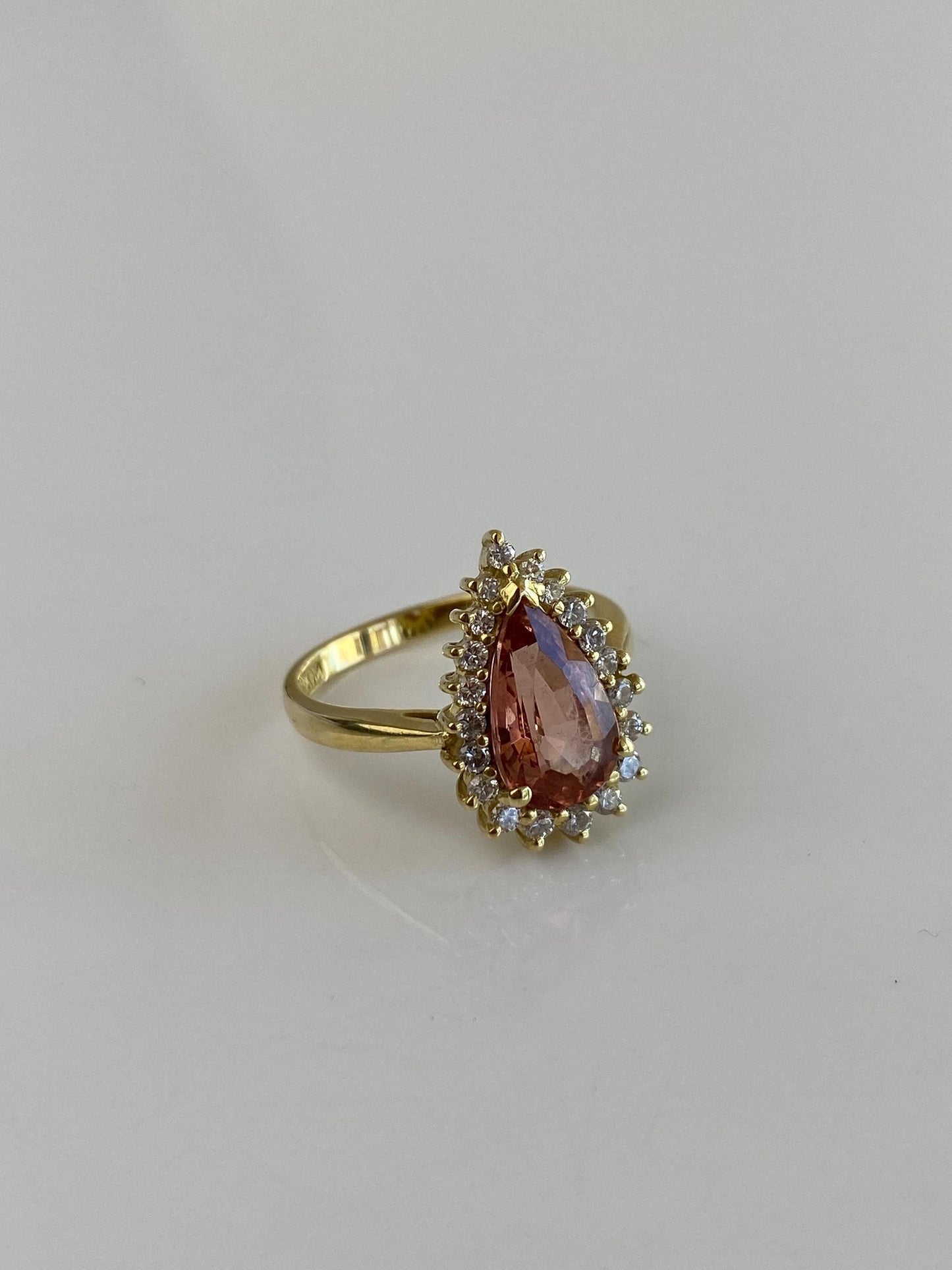 Vintage Solid 18k Yellow Gold Peach Topaz Diamond Halo Teardrop Ring - Size 7
