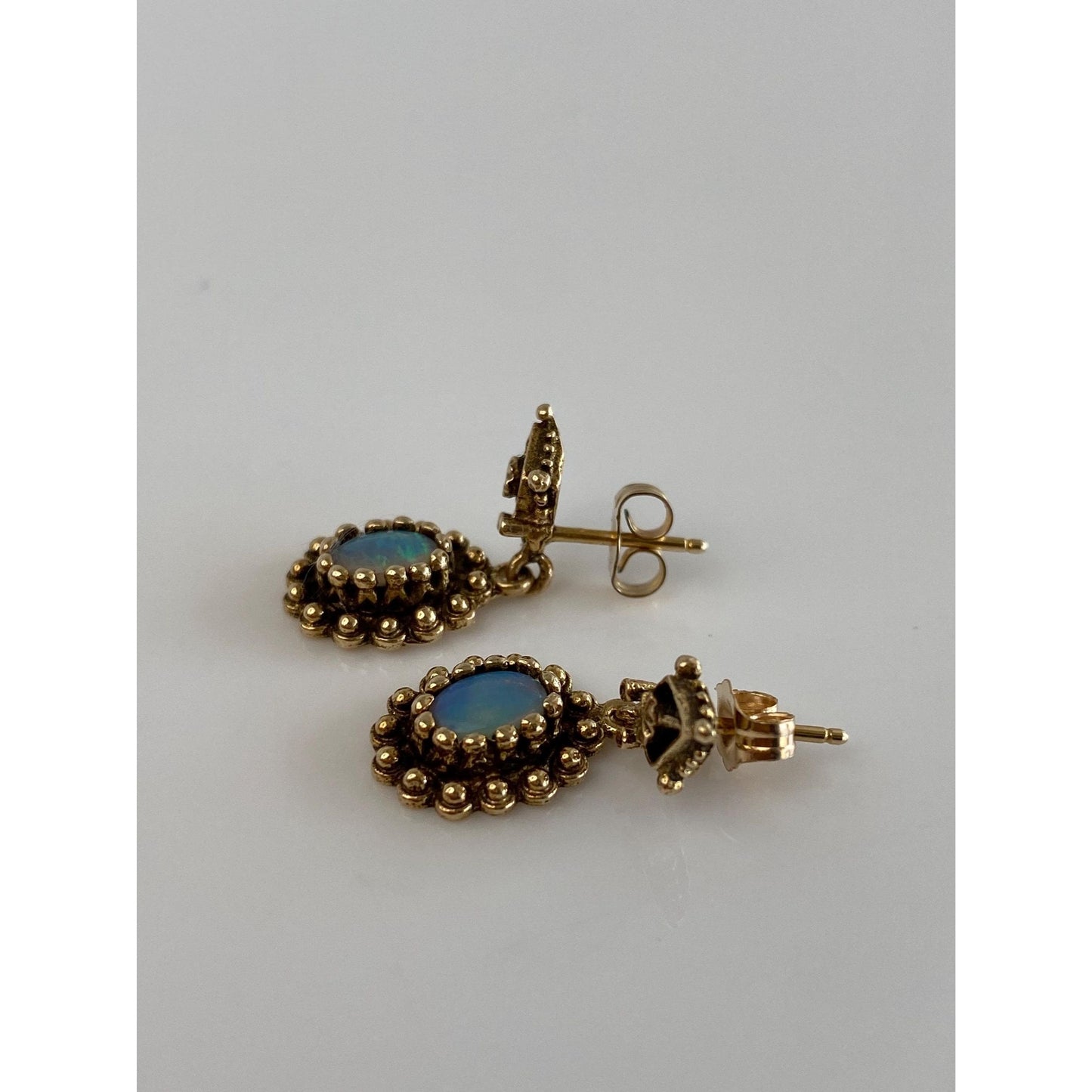 Vintage Solid 14k Yellow Gold Opal Ornate Dangle Stud Earrings