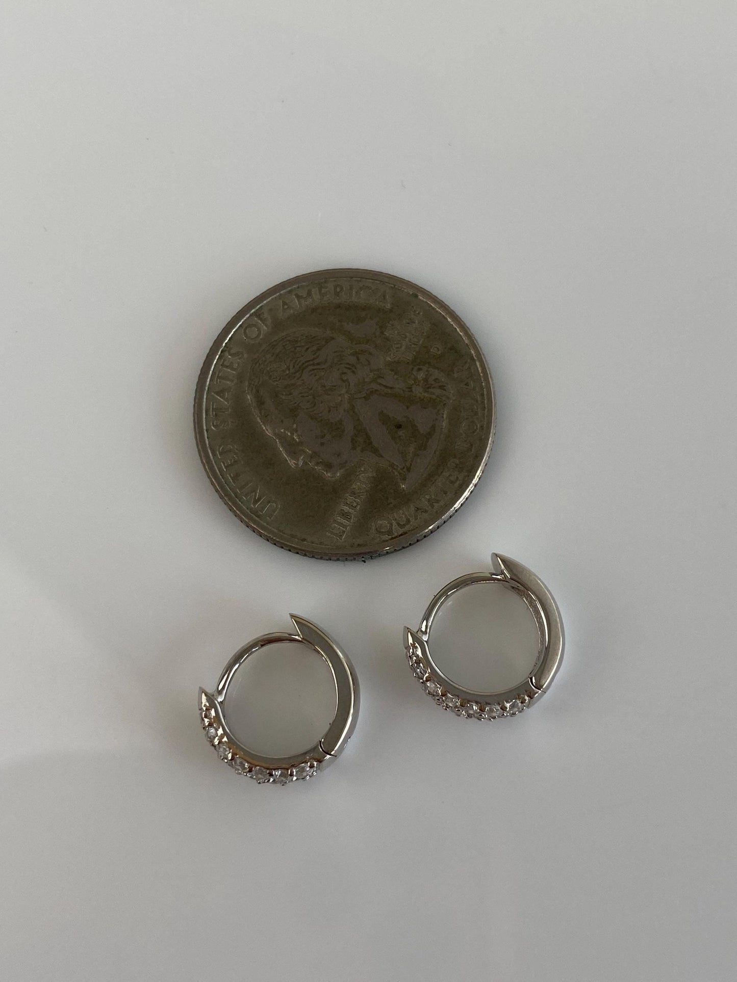 Vintage Solid 14k White Gold Cubic Zirconia Huggie Hoop Earrings