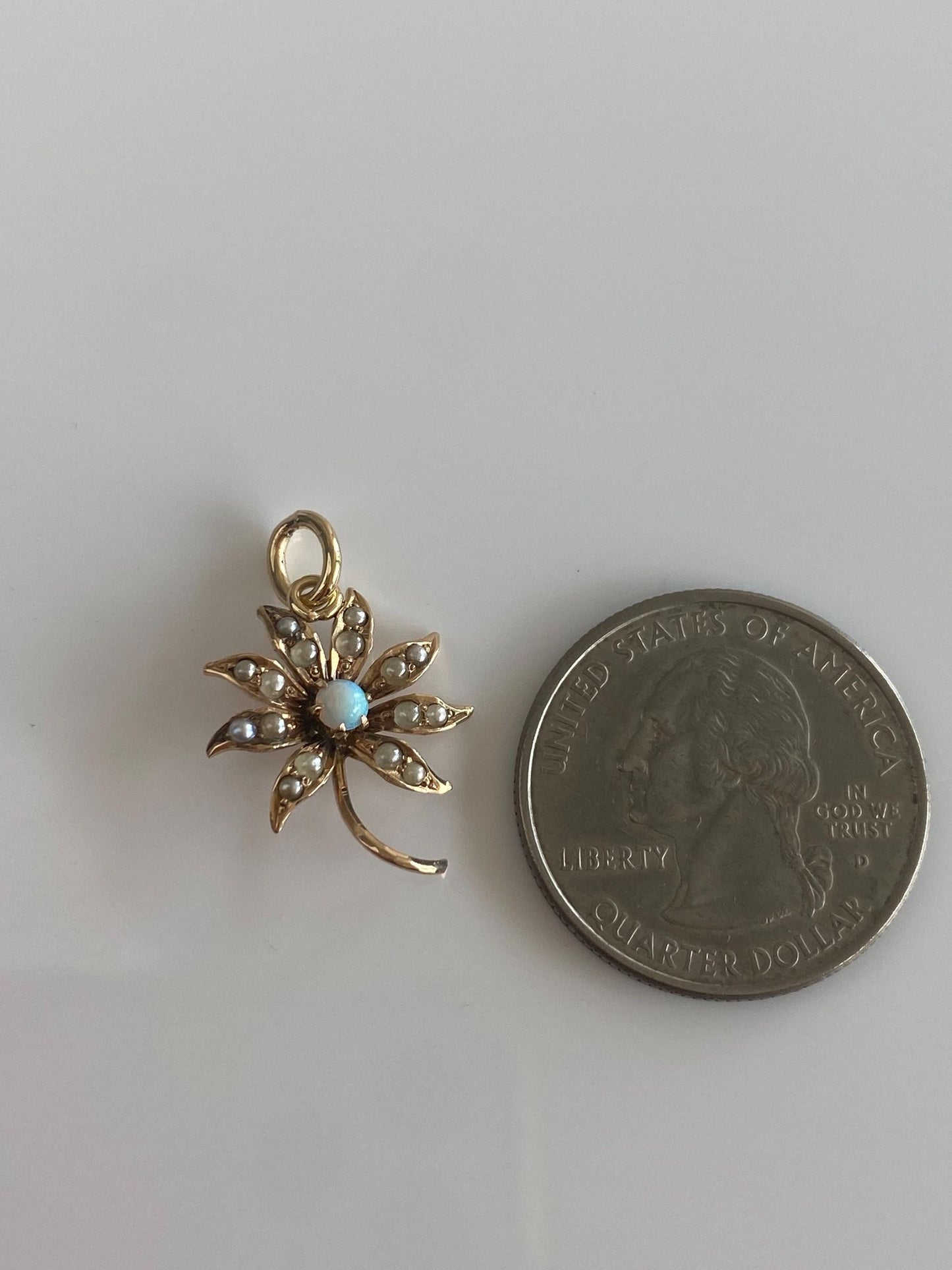 Vintage Solid 10k Yellow Gold Opal Seed Pearls Flower Charm