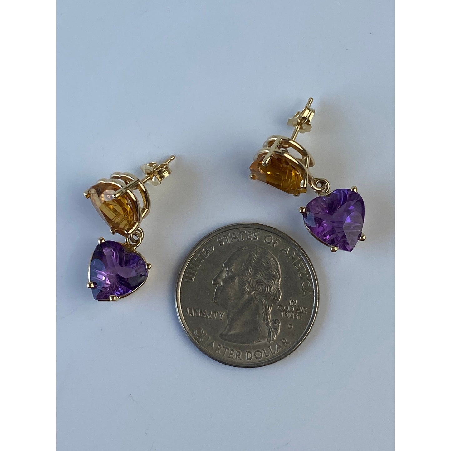Vintage Solid 14k Yellow Gold Citrine & Amethyst Hearts Dangle Earrings