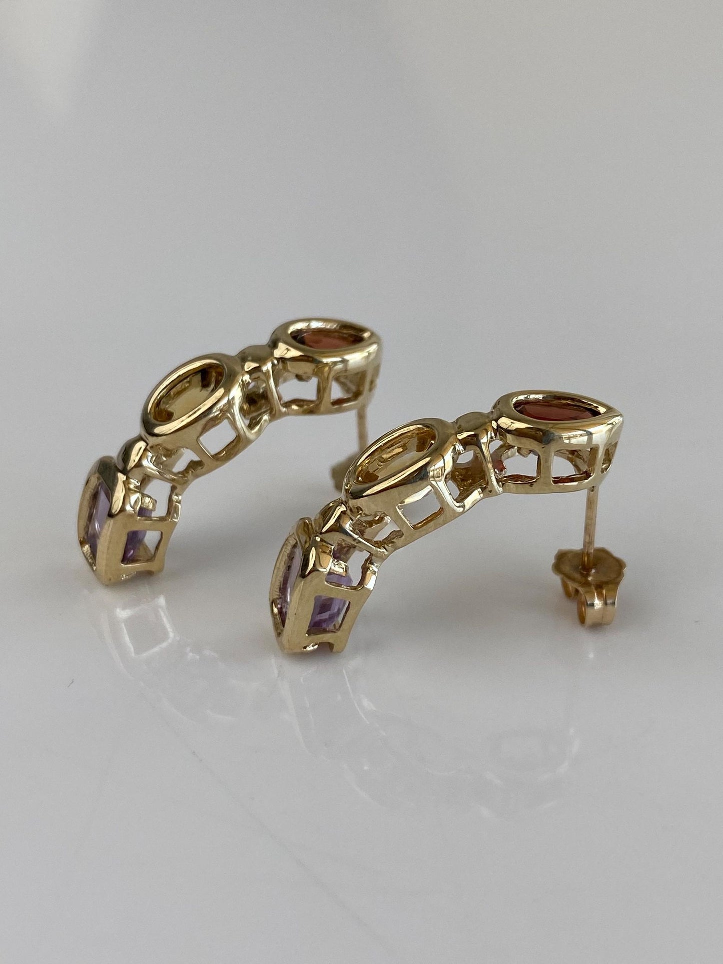 Vintage Solid 10k Yellow Gold Garnet Citrine Amethyst Drop Earrings