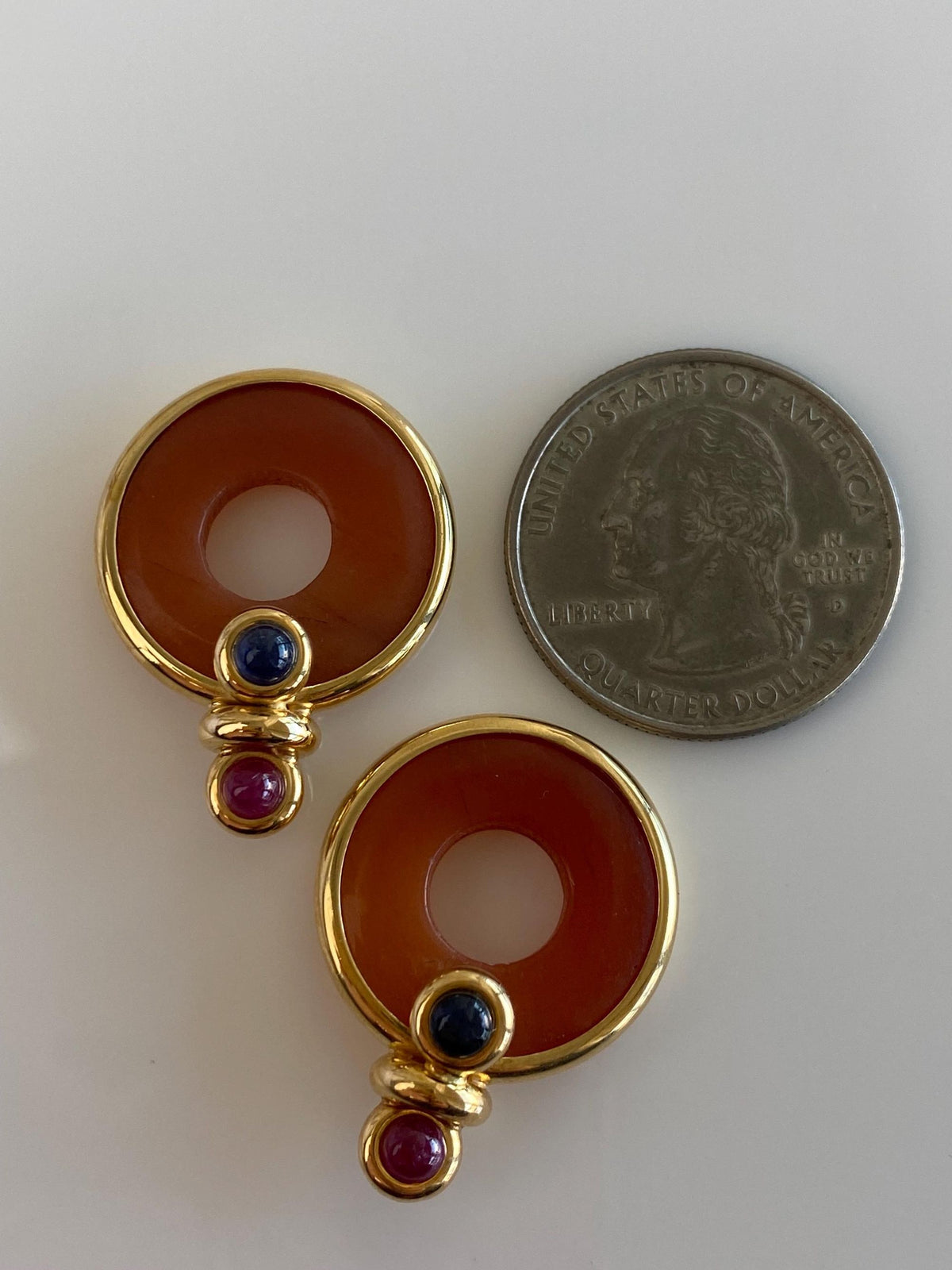 Vintage Solid 18k Yellow Gold Orange Jade Blue & Pink Sapphire Cabochons Hoop Charms