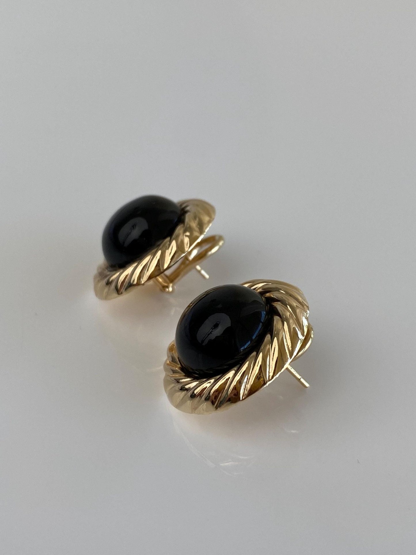 Vintage Solid 14k Yellow Gold Black Onyx Twist Border Stud Earrings