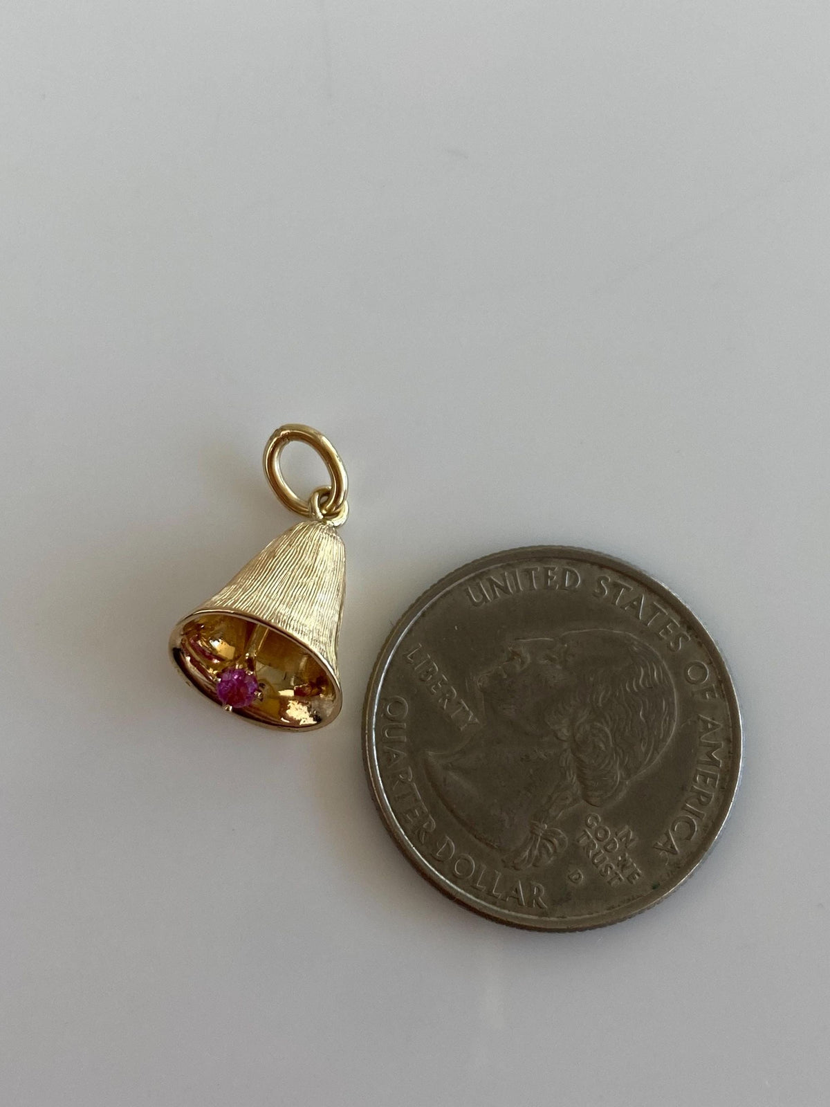 Vintage Solid 14k Yellow Gold Pink Sapphire Bell Charm