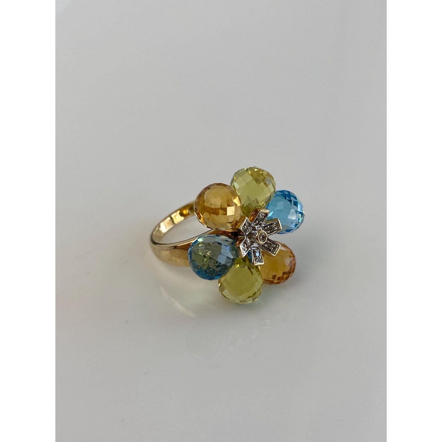 Solid 10k Yellow Gold Diamond Topaz Peridot Faceted Citrine Lemon Quartz Flower Ring - Size 6.75
