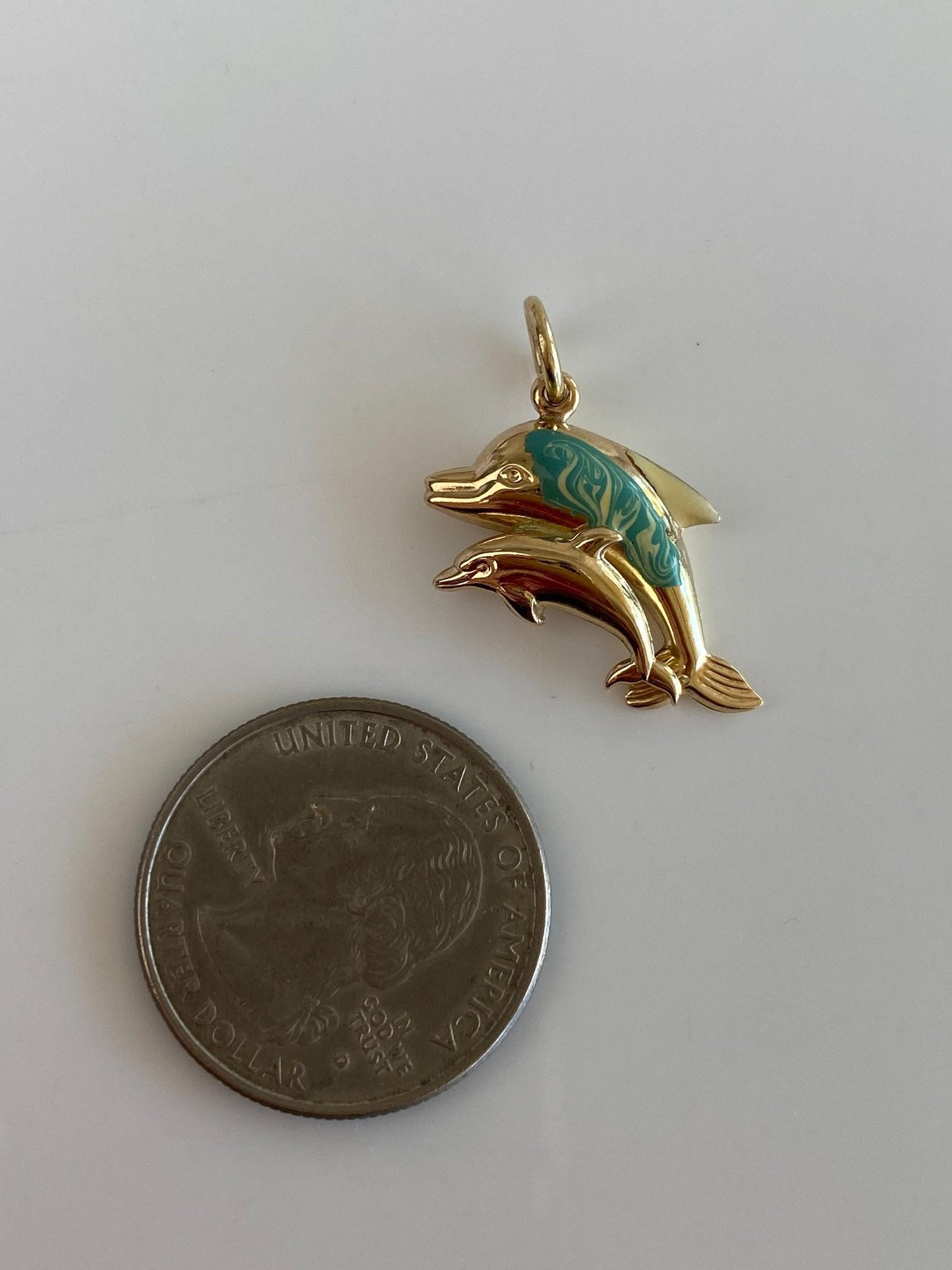 Vintage Solid 14k Yellow Gold Enamel Dolphins & Baby Charm