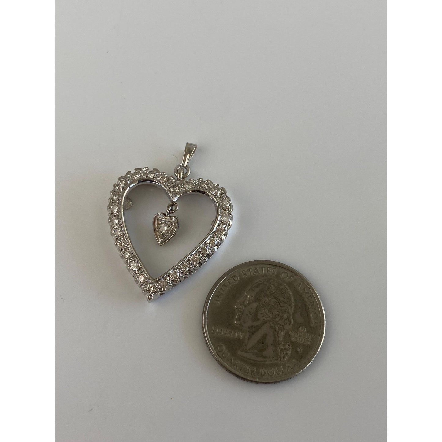 Vintage Solid 14k White Gold Diamond Dangle Heart Charm