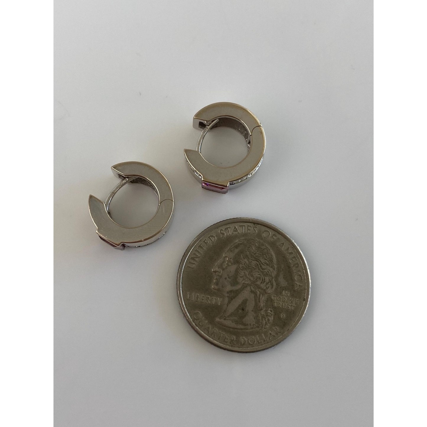 Vintage Solid 18k White Gold Diamond Pink Tourmaline Hoop Earrings