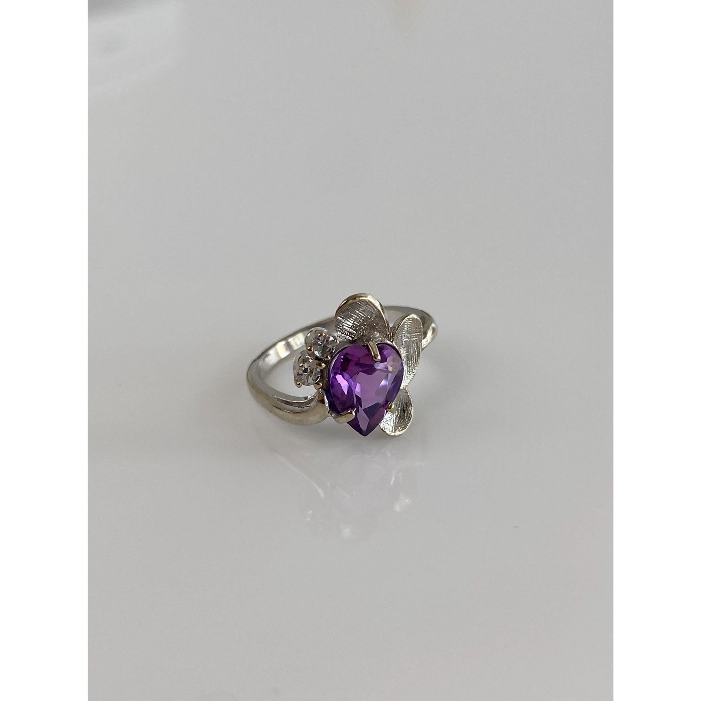 Vintage Solid 14k White Gold Purple Sapphire Clear Quartz Ring - Size 3.75