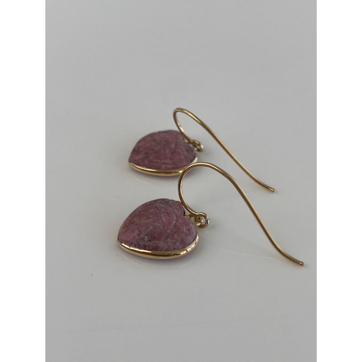 Solid 14k Yellow Gold Rhodolite Carved Scarab Heart Dangle Earrings