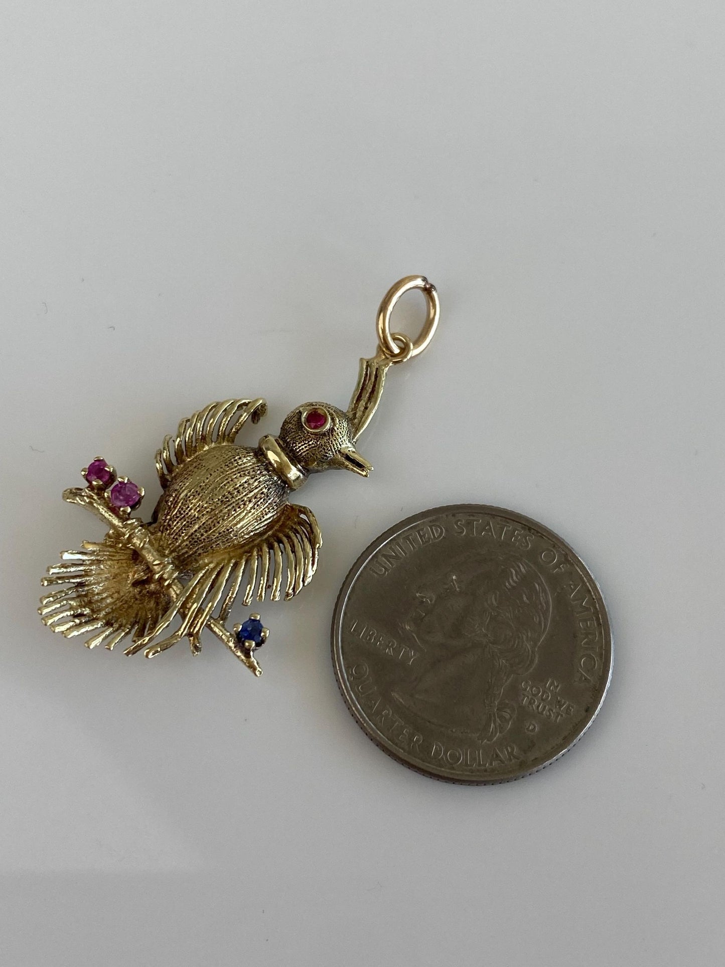 Vintage Solid 14k Yellow Gold Pink & Blue Sapphire Bird Charm