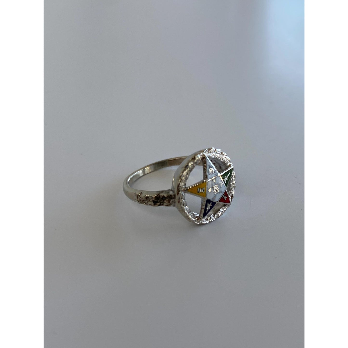 Vintage Solid 14k White Gold Enamel Eastern Star Freemason Ring - Size 5-5.25