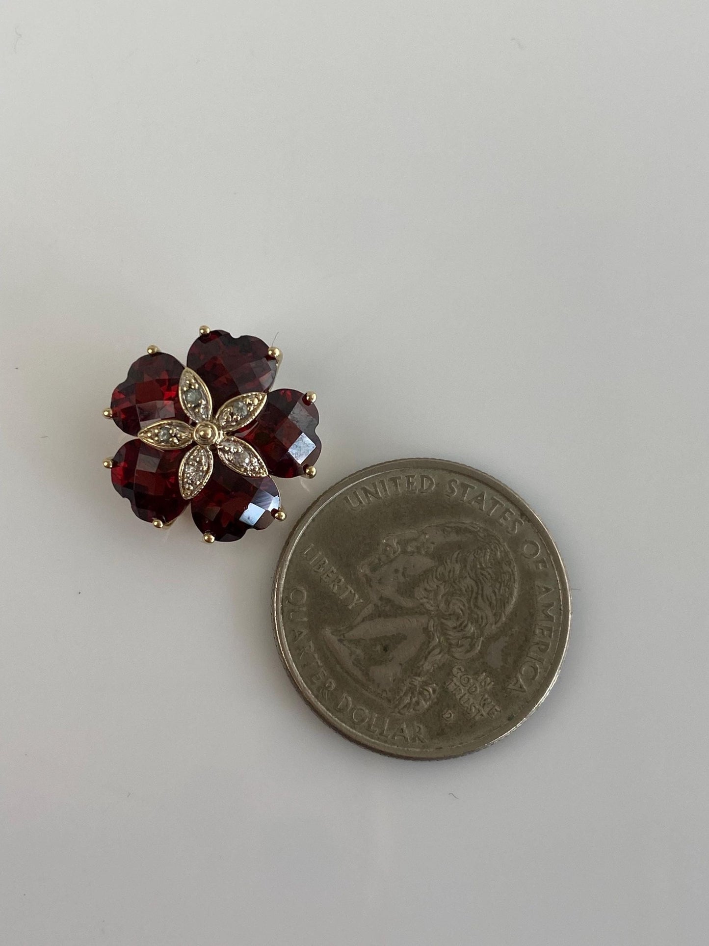 Vintage Solid 10k Yellow Gold Faceted Garnet Clear Sapphire Flower Slide Charm
