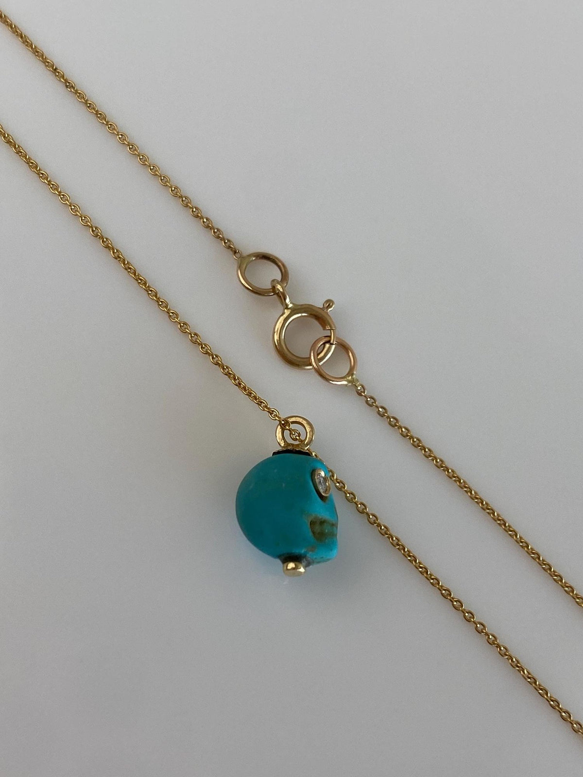 Vintage Solid 14k Yellow Gold Diamond Eyes Carved Skull Dainty Tight Rolo Chain Necklace - 14.75 inches