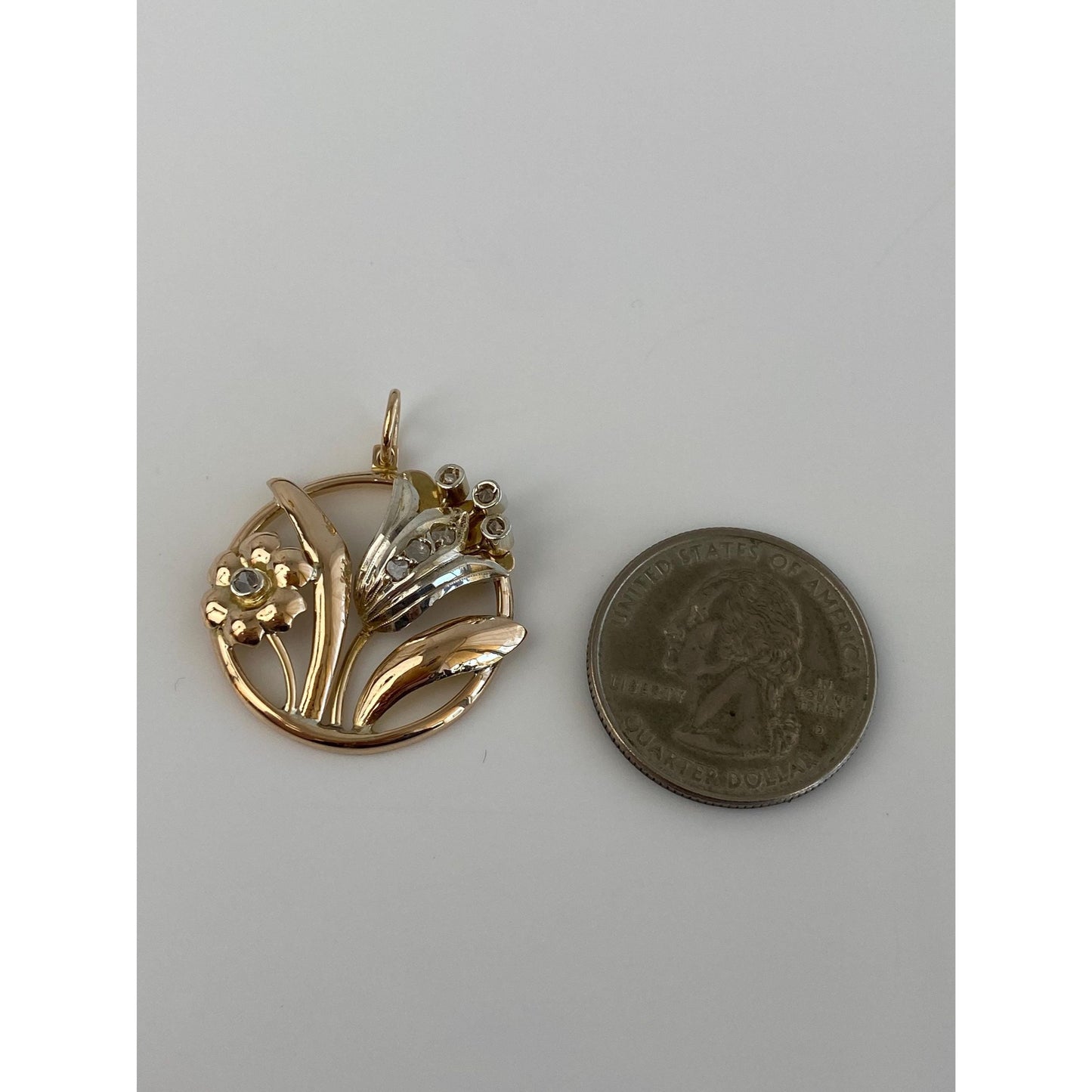 Vintage Solid 14k White & Yellow Gold Diamond Flowers Charm