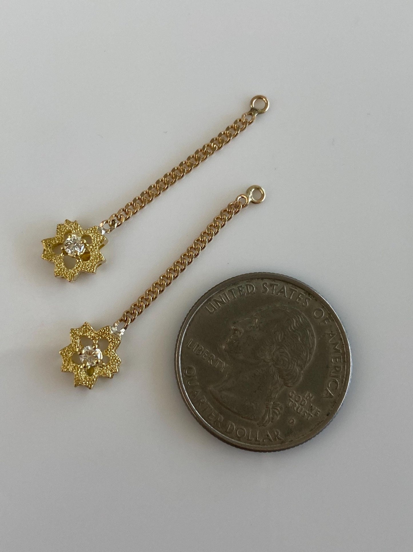 Vintage Solid 18k Yellow Gold Diamond Flower w/ 14k Curb Chain Earring Jackets