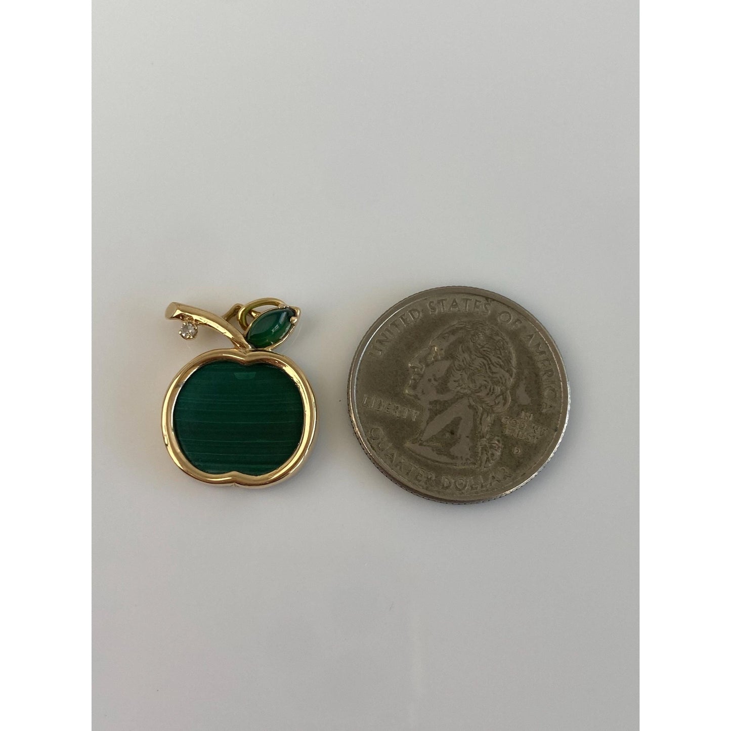 Solid 14k Yellow Gold Diamond Malachite Emerald Apple Charm