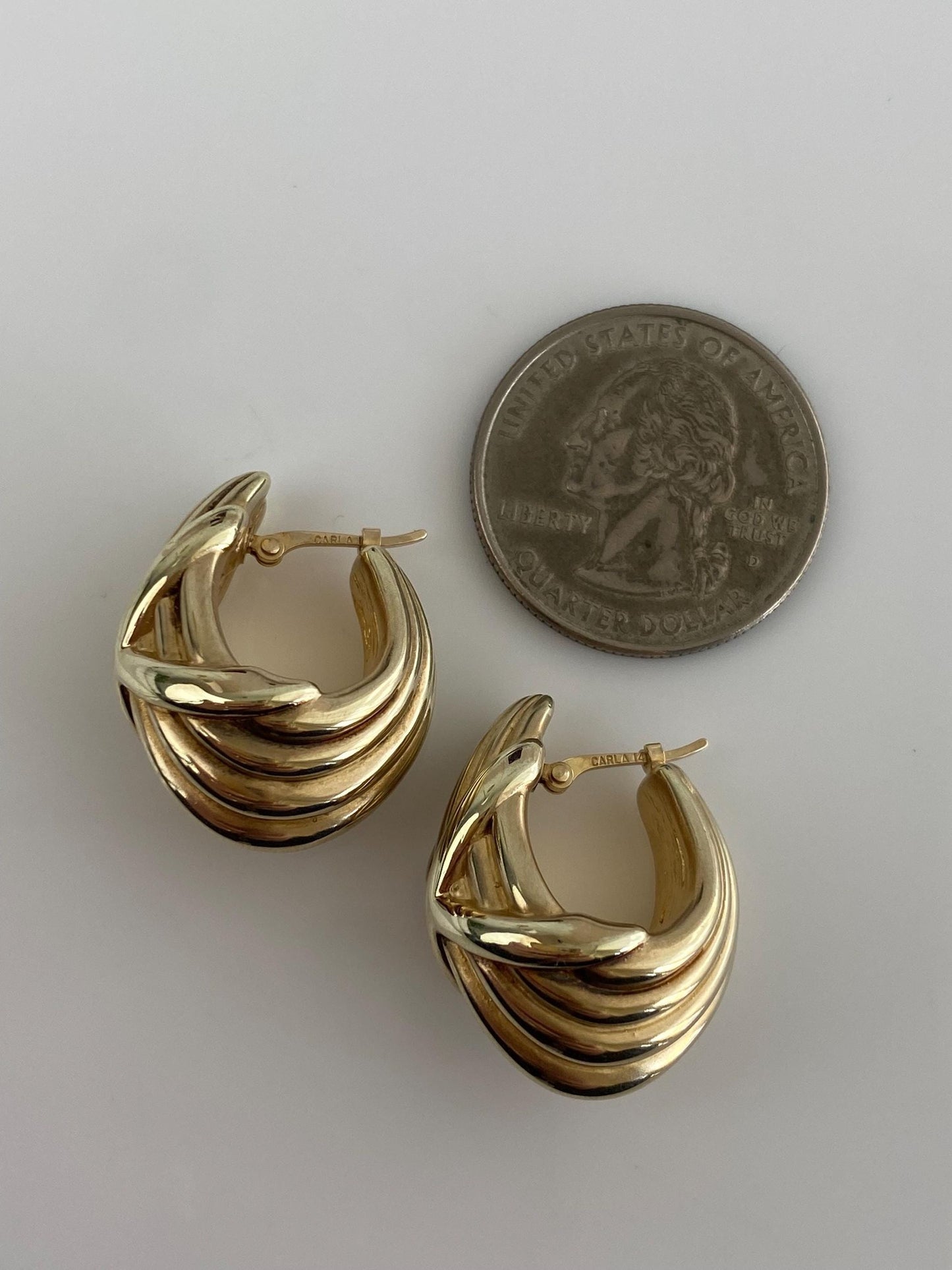 Vintage 14k Yellow Gold Lined X Drop Hoop Earrings