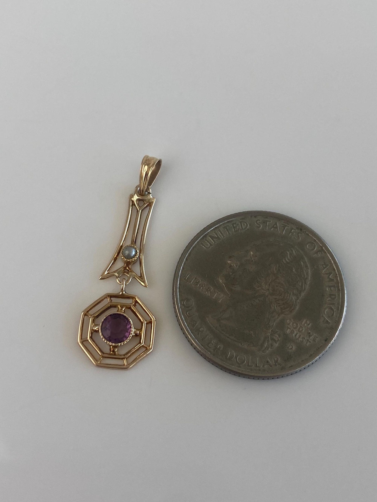 Vintage Solid 9k Yellow Gold Purple Cubic Zirconia Seed Pearl Dangle Charm
