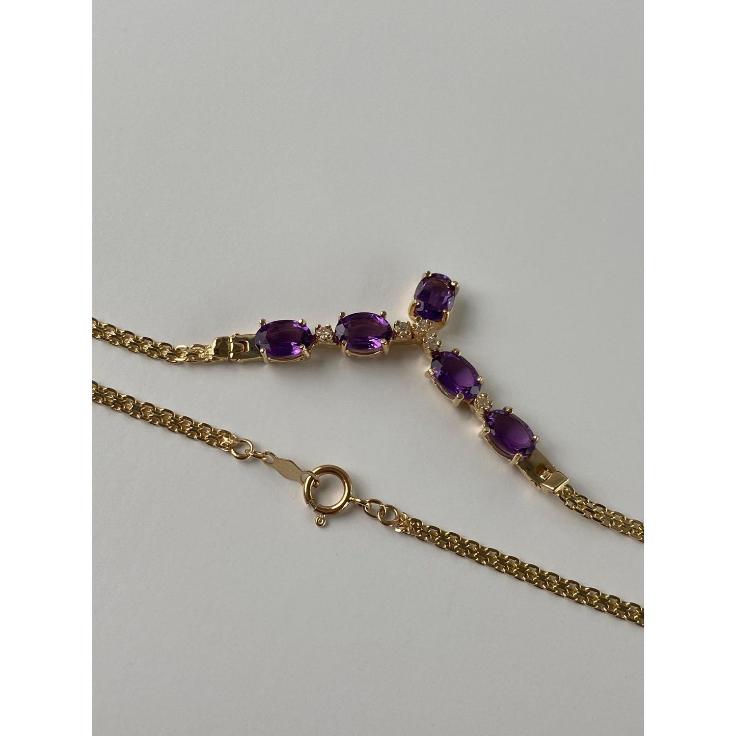 Solid 14k Yellow Gold Amethyst Diamond Fancy Flat Chain Necklace - 17.5 inches