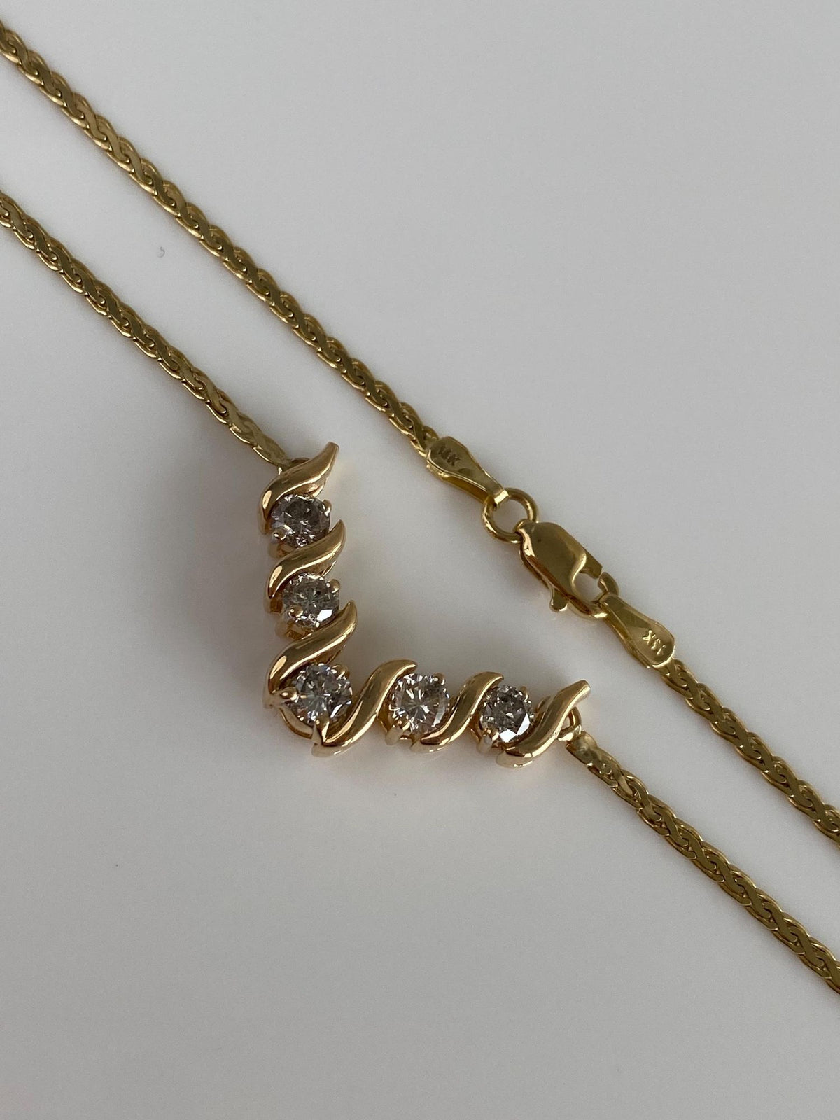 Vintage Solid 14k Yellow Gold Diamonds Flat Wheat Chain Necklace - 17 inches