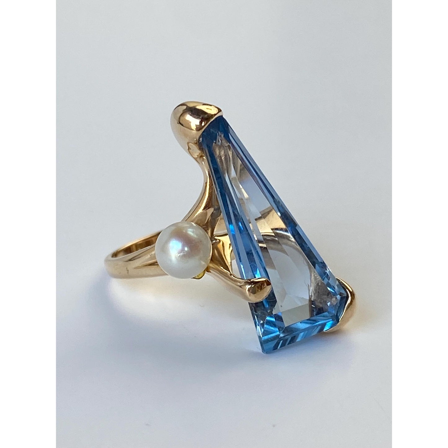 Vintage Solid 14k Yellow Gold Large Topaz Pearl Ring - Size 5.5