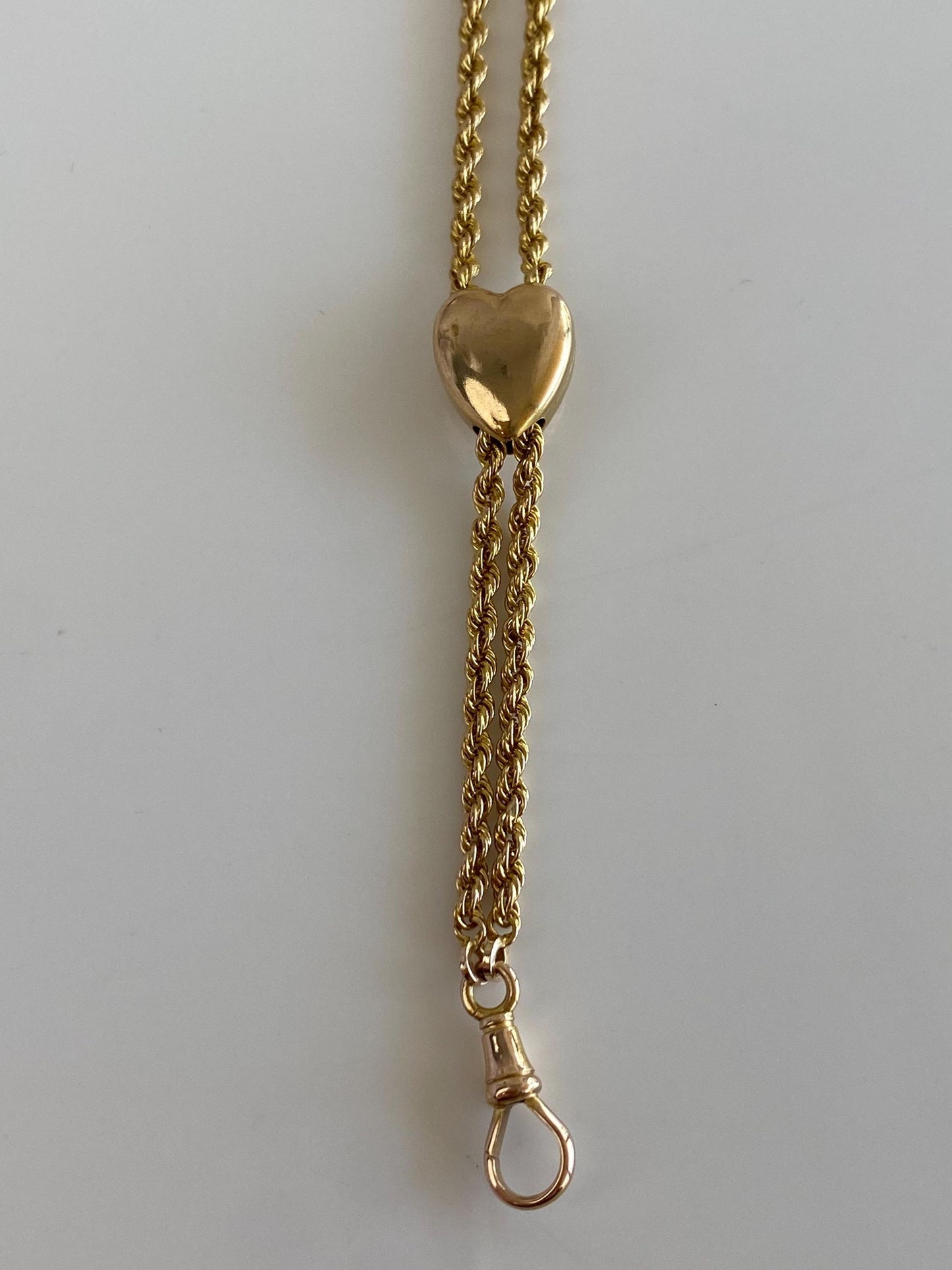 Vintage Solid 11k Yellow Gold Adjustable Seed Pearl Textured Heart Rope Chain Lariat Charm Holder Necklace - 46.5 inches