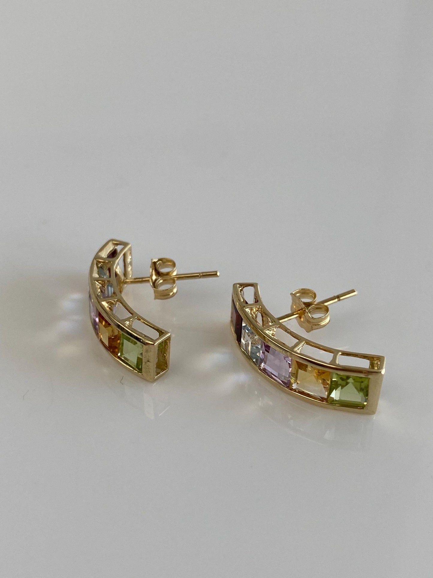 Vintage Solid 10k Yellow Gold Garnet Aquamarine Citrine Green Purple Cubic Zirconia Stud Earrings