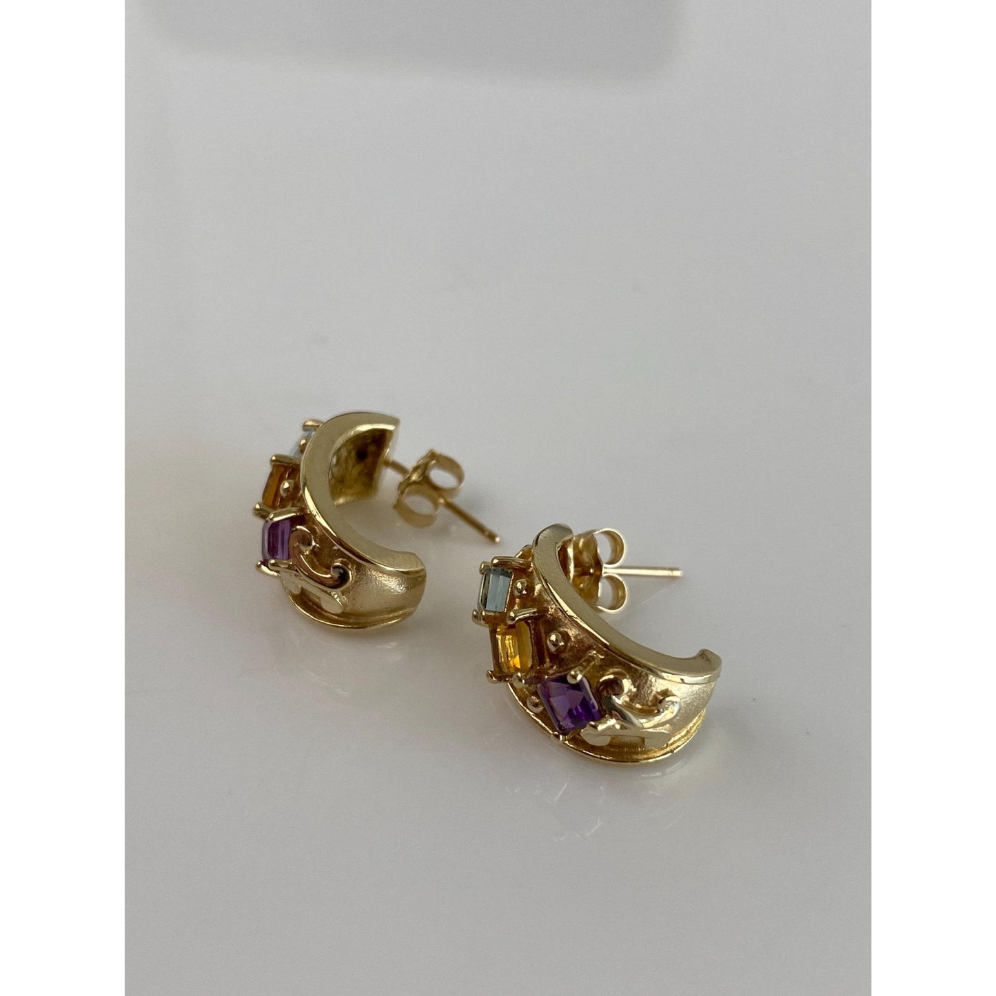 Vintage Solid 10k Yellow Gold Topaz Citrine Amethyst Drop Earrings
