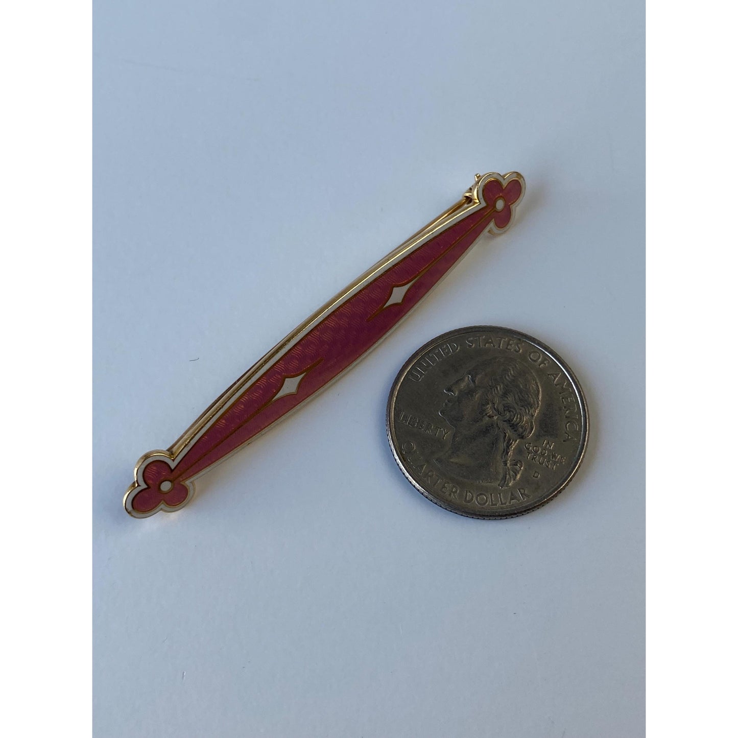 Vintage Solid 14k Yellow Gold Pink White Enamel Pin