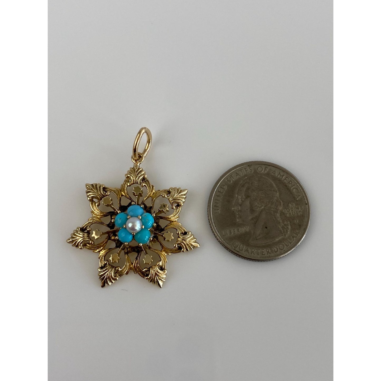 Vintage Solid 14k Yellow Gold Turquoise Pearl Flower Charm