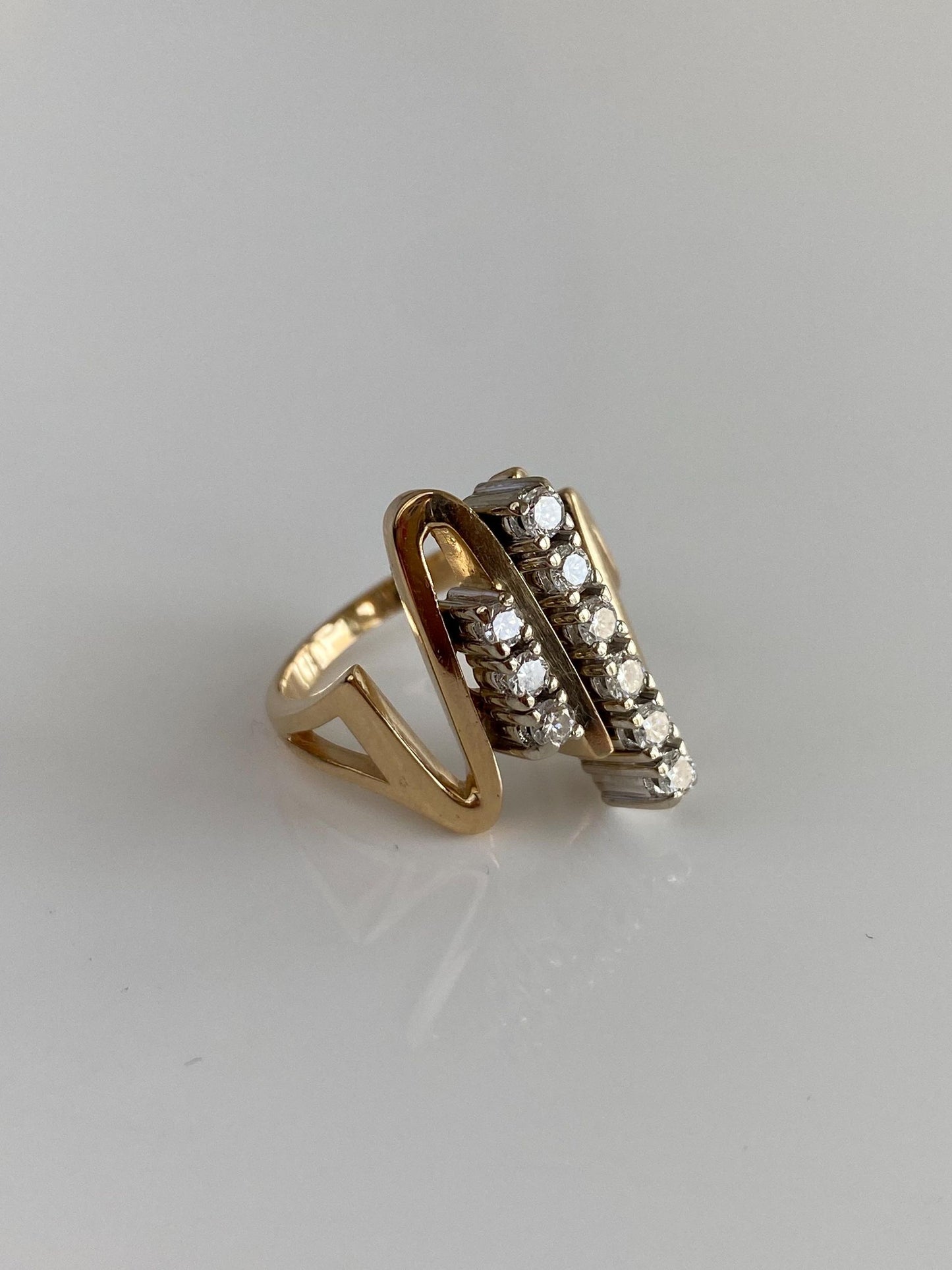 Vintage Solid 14k White & Yellow Gold Diamonds Lifeline Ring - Size 5.25