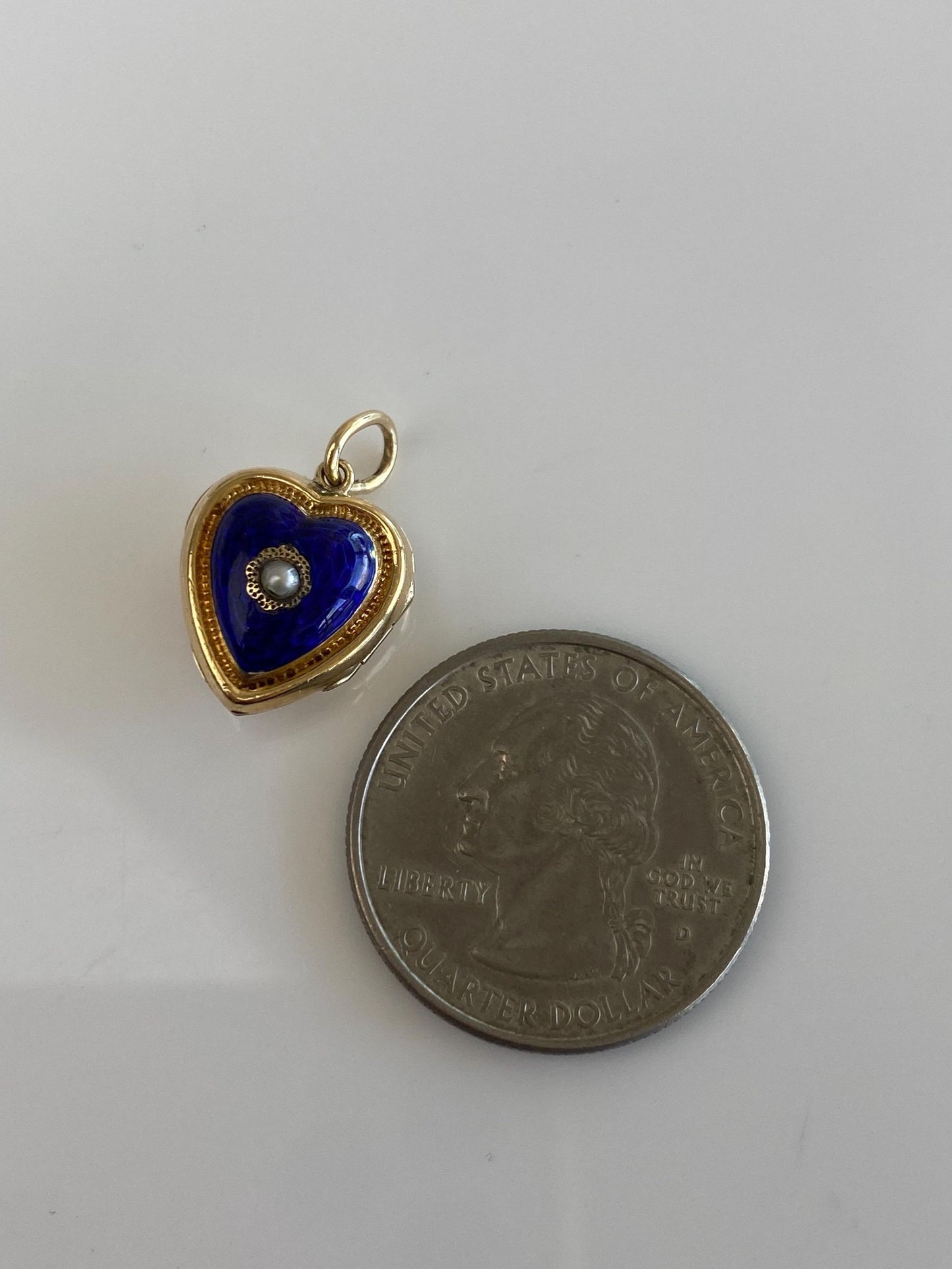 Vintage Solid 14k Yellow Gold Blue Enamel Seed Pearl Heart Locket Charm