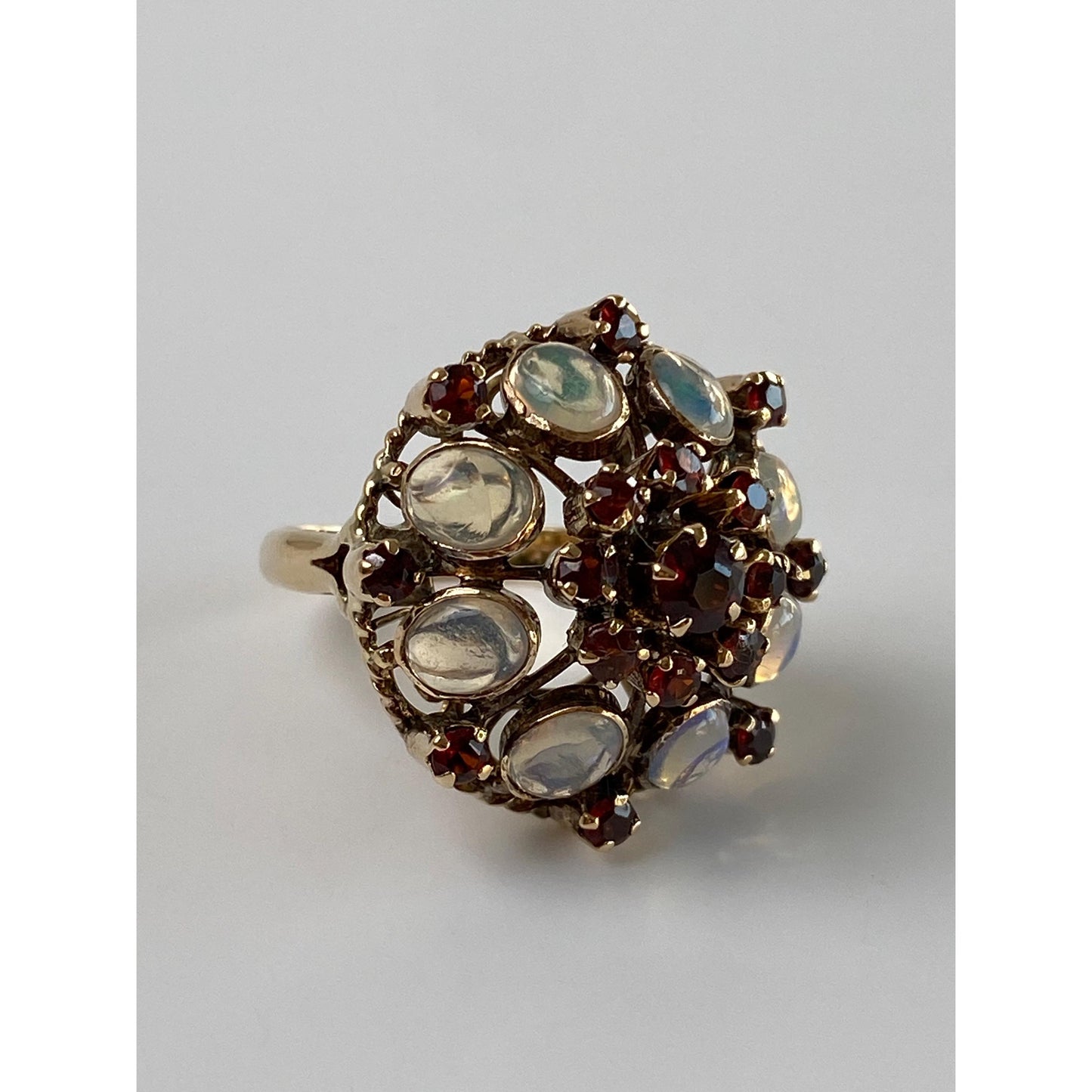 Vintage Solid 14k Yellow Gold Opal Garnet Cocktail Ring - Size 5.5-5.75