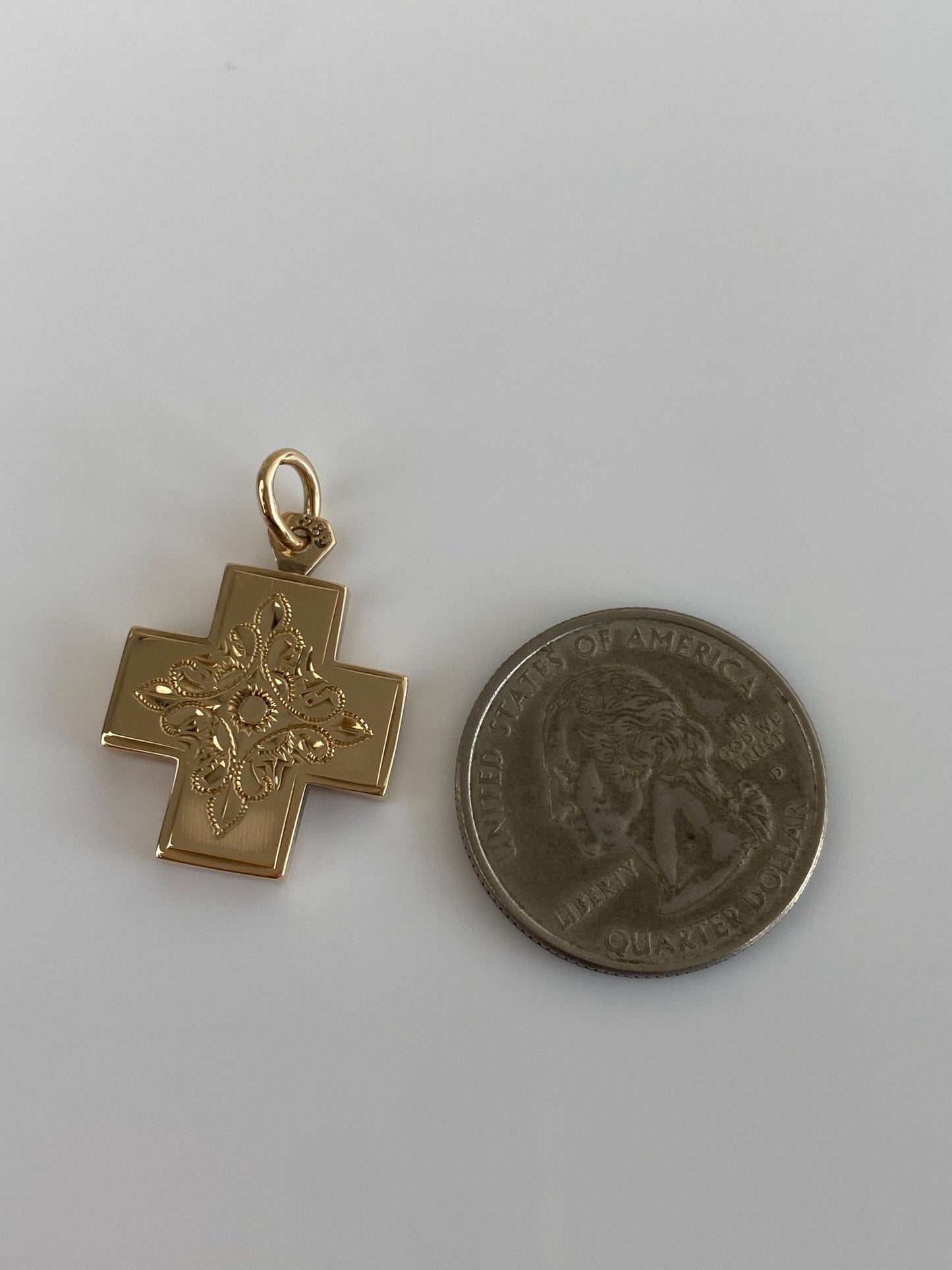 Vintage Solid 14k Yellow Gold Engraved Floral Cross Charm