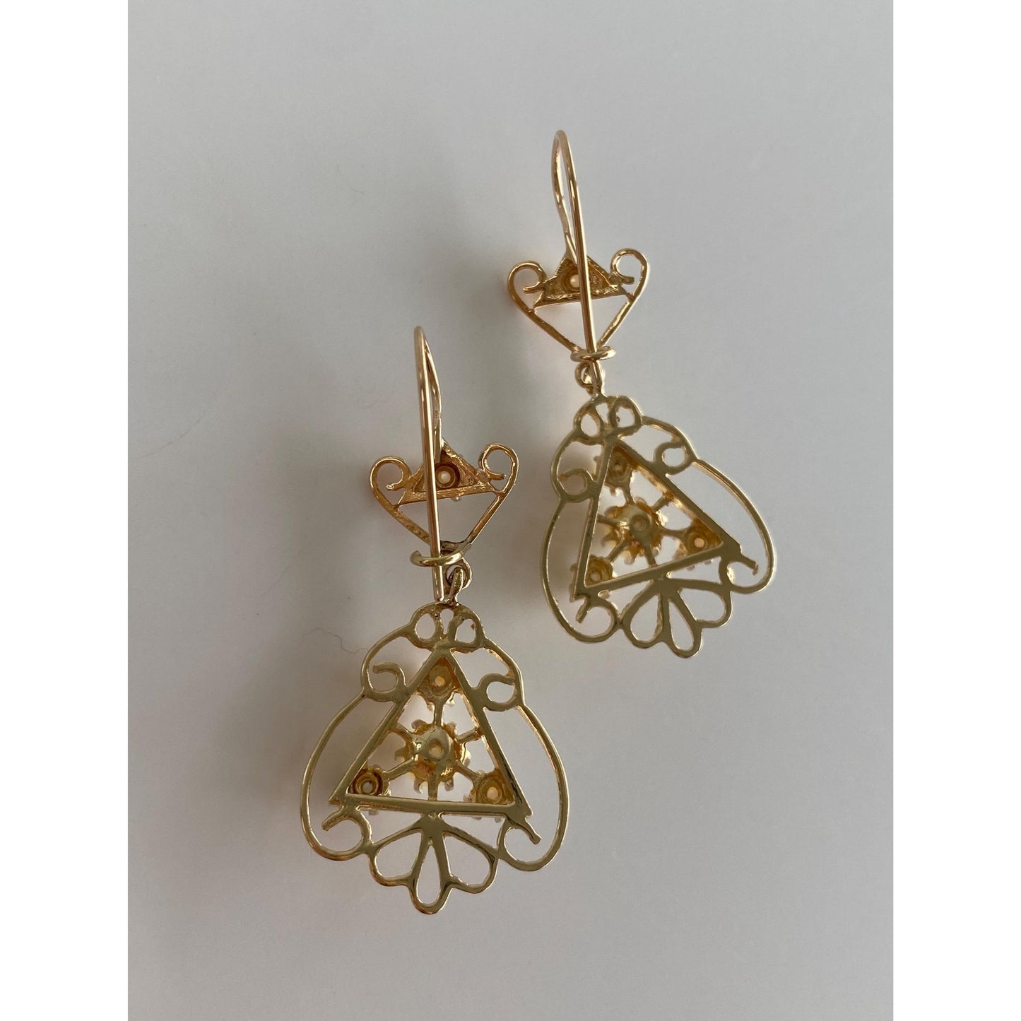 Vintage Solid 10k Yellow Gold Ornate Pearl Dangle Earrings