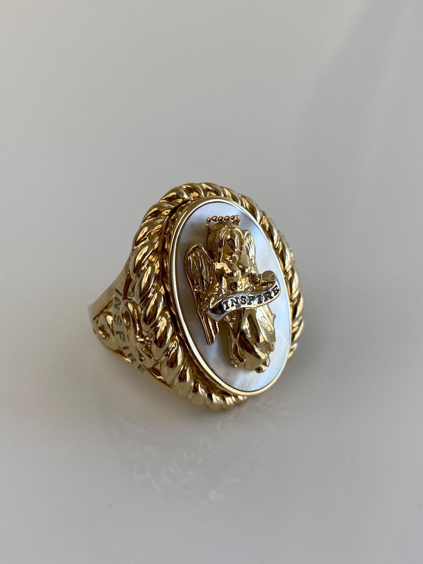 Vintage Solid 14k Yellow Gold Mother of Pearl 'INSPIRE' Angel Relgious Ring - Size 8.75