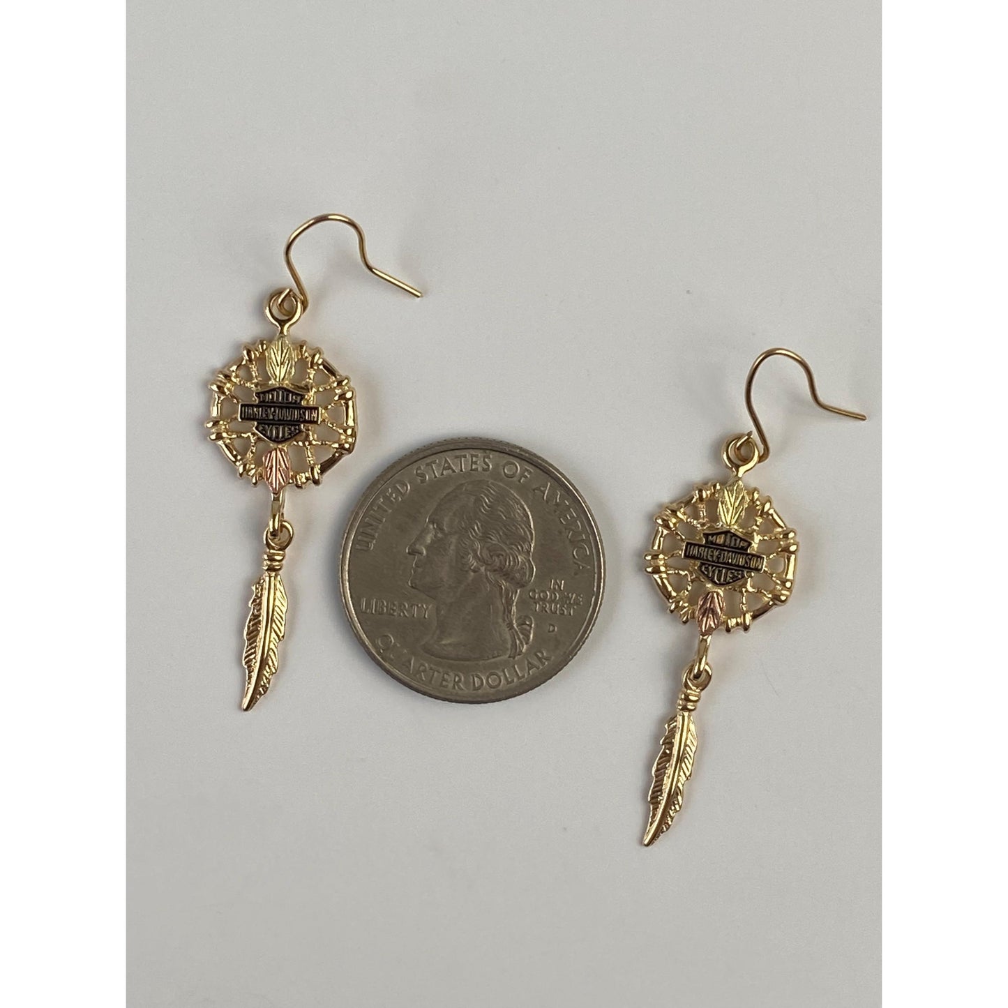 Vintage Solid 10k Black Hills Gold 'Harley Davidson' Dreamcatcher Dangle Earrings