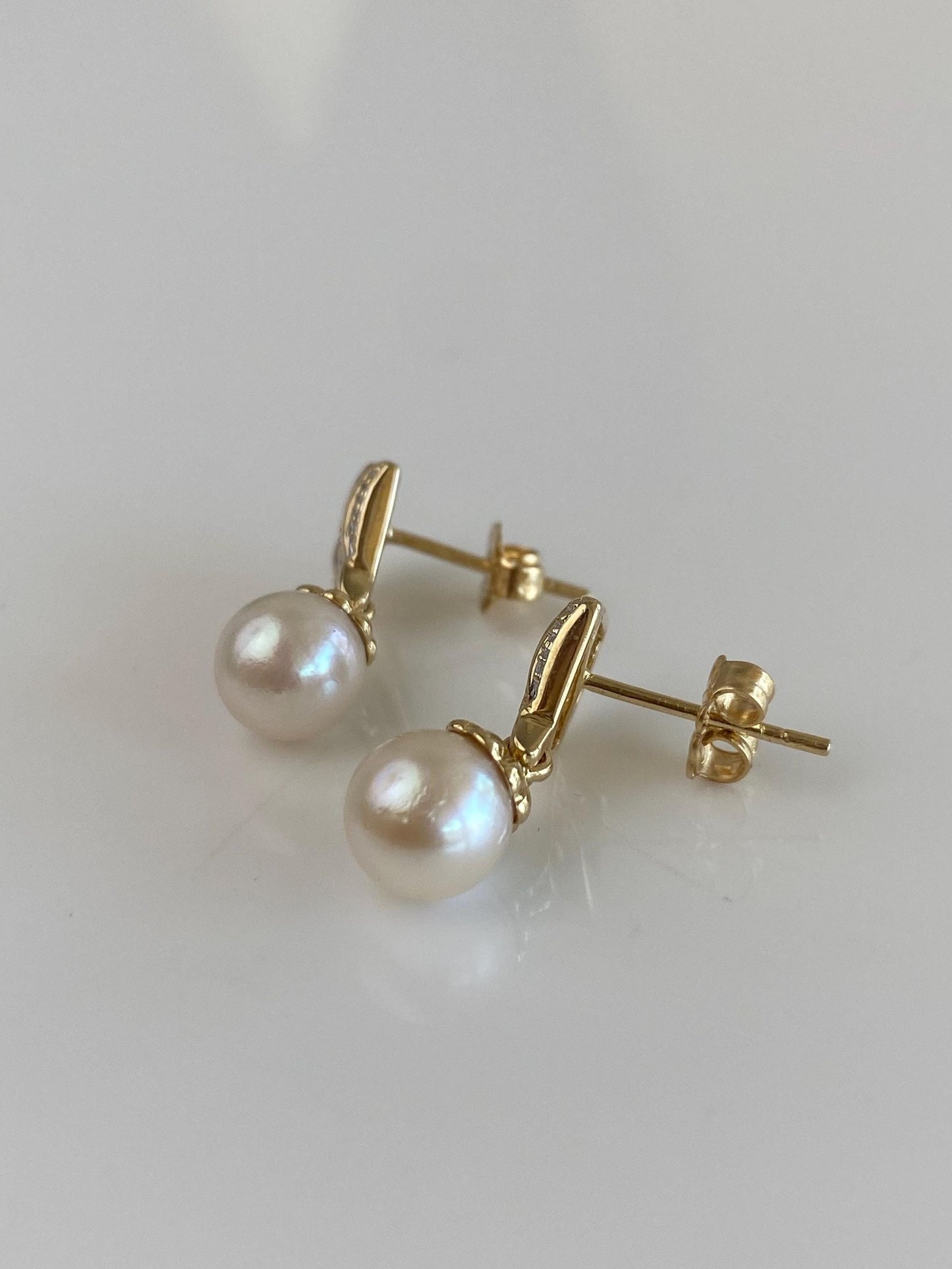 Vintage Solid 14k White & Yellow Gold Diamond Pearl Dangle Stud Earrings