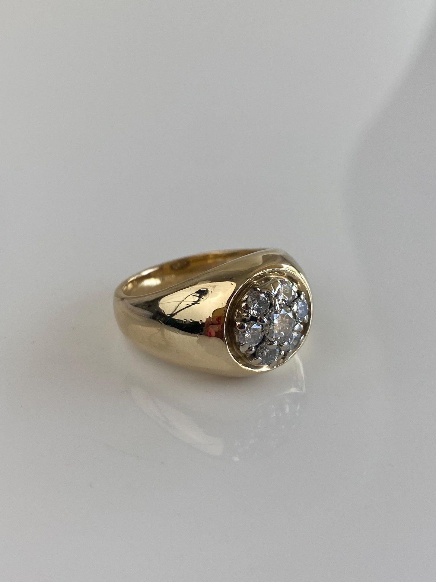 Vintage Solid 14k Yellow Gold Diamond Cluster Flower Signet Ring - Size 8.75